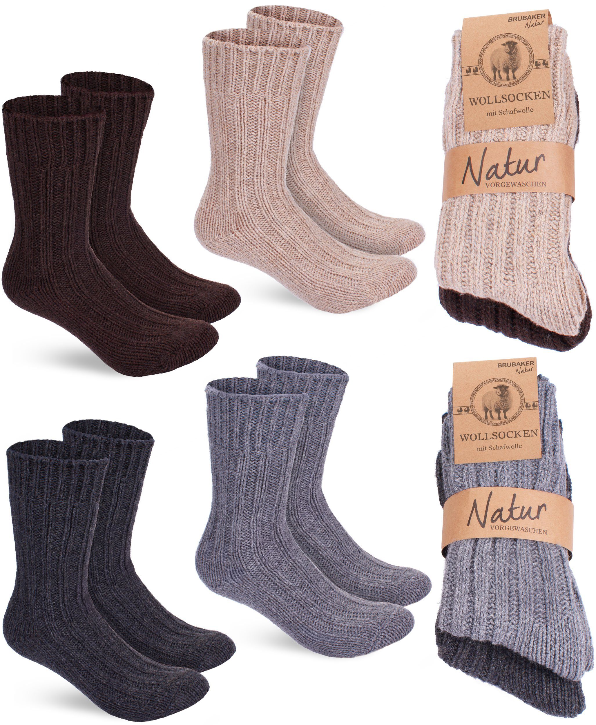 BRUBAKER Socken Wollsocken Set - Warme Wintersocken für Damen und Herren (4-Paar, Winter Stricksocken) Flauschiges Thermosocken Set mit Schafwolle