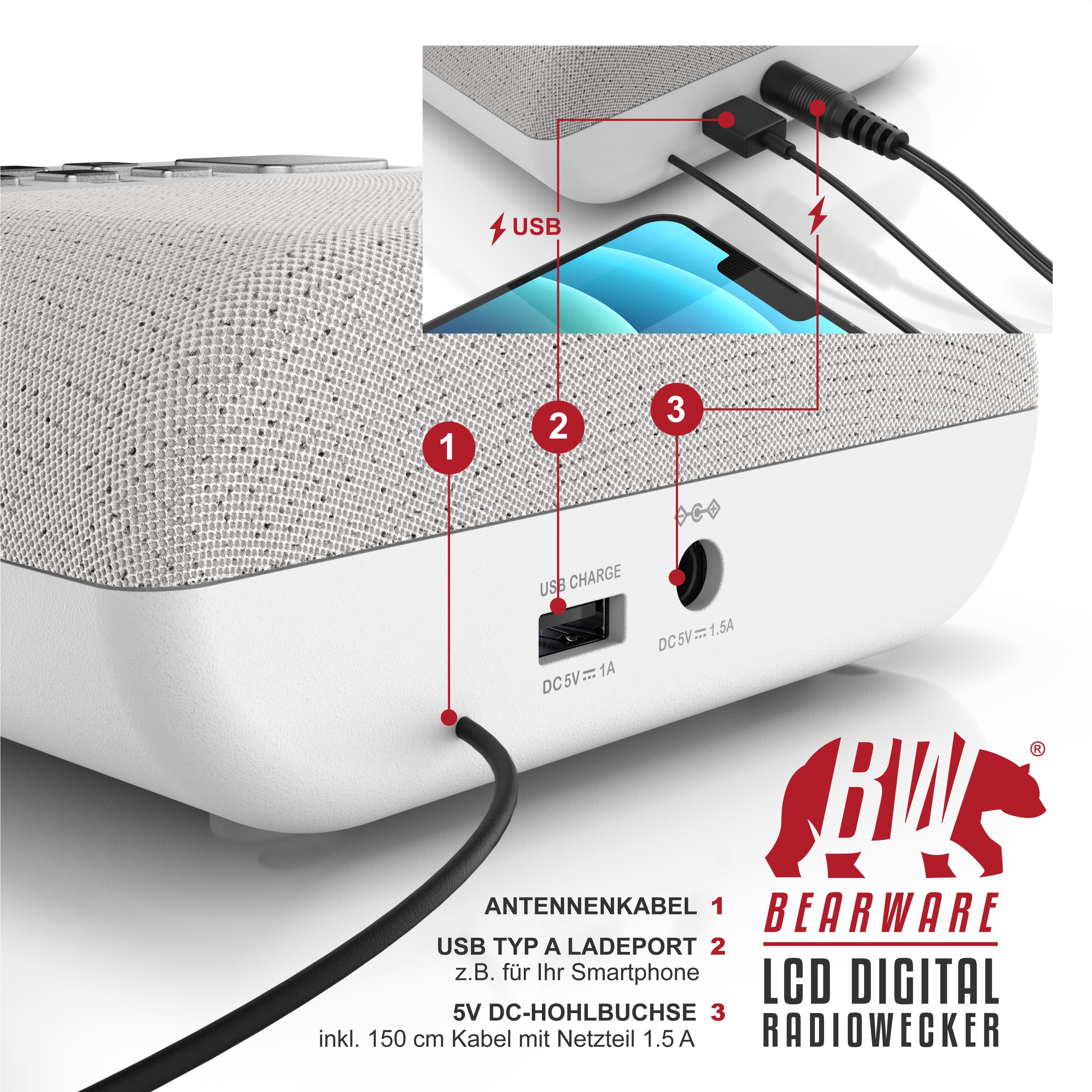 BEARWARE Radiowecker Küchenradio digital, FM, DAB+ Radio, Wecker, Dual Alarm Snooze, 4 Helligkeitsstufen, USB Ladeport, Abschalttimer