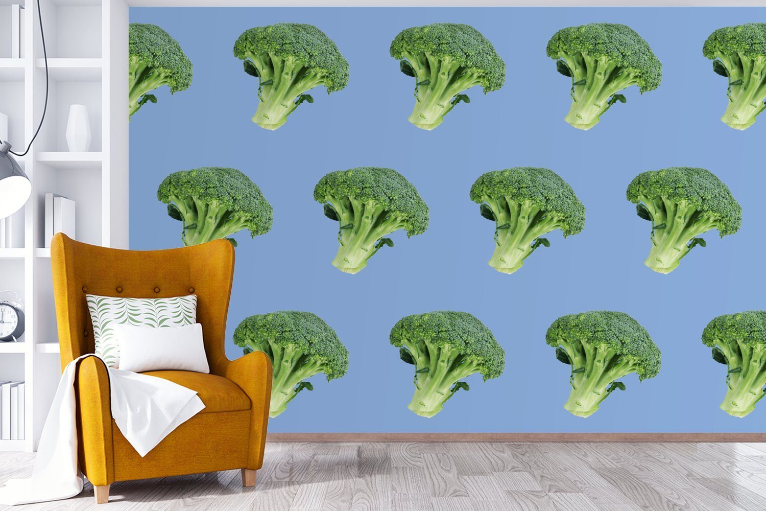 St), Fototapete Blau Matt, Wohnzimmer, (6 - Gemüse Muster MuchoWow Wallpaper Lila, für Schlafzimmer, - Kinderzimmer, - Tapete bedruckt, Vinyl