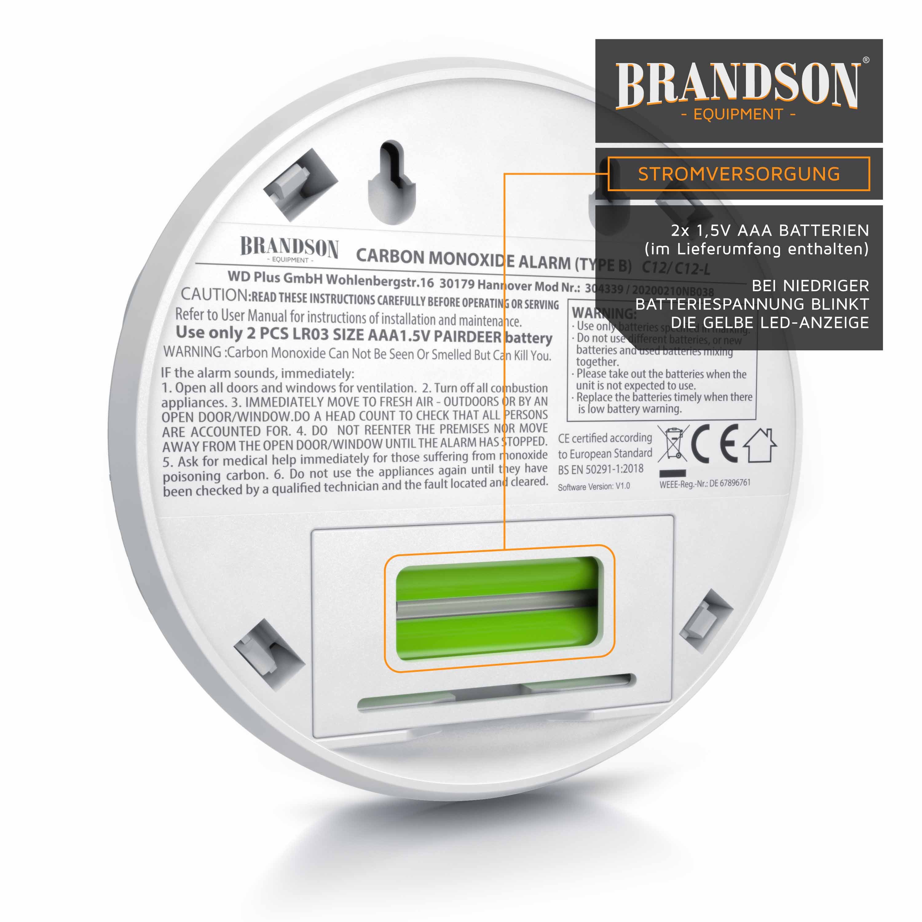Brandson 3x Kohlenmonoxid Melder mit LCD, CO Alarm, 7-10 Jahre Batterie CO-Melder (Warnmelder, Lauter Alarm 85 dB, Testschalter. DIN EN50291 Zertifiziert) – Bild 5 von 5