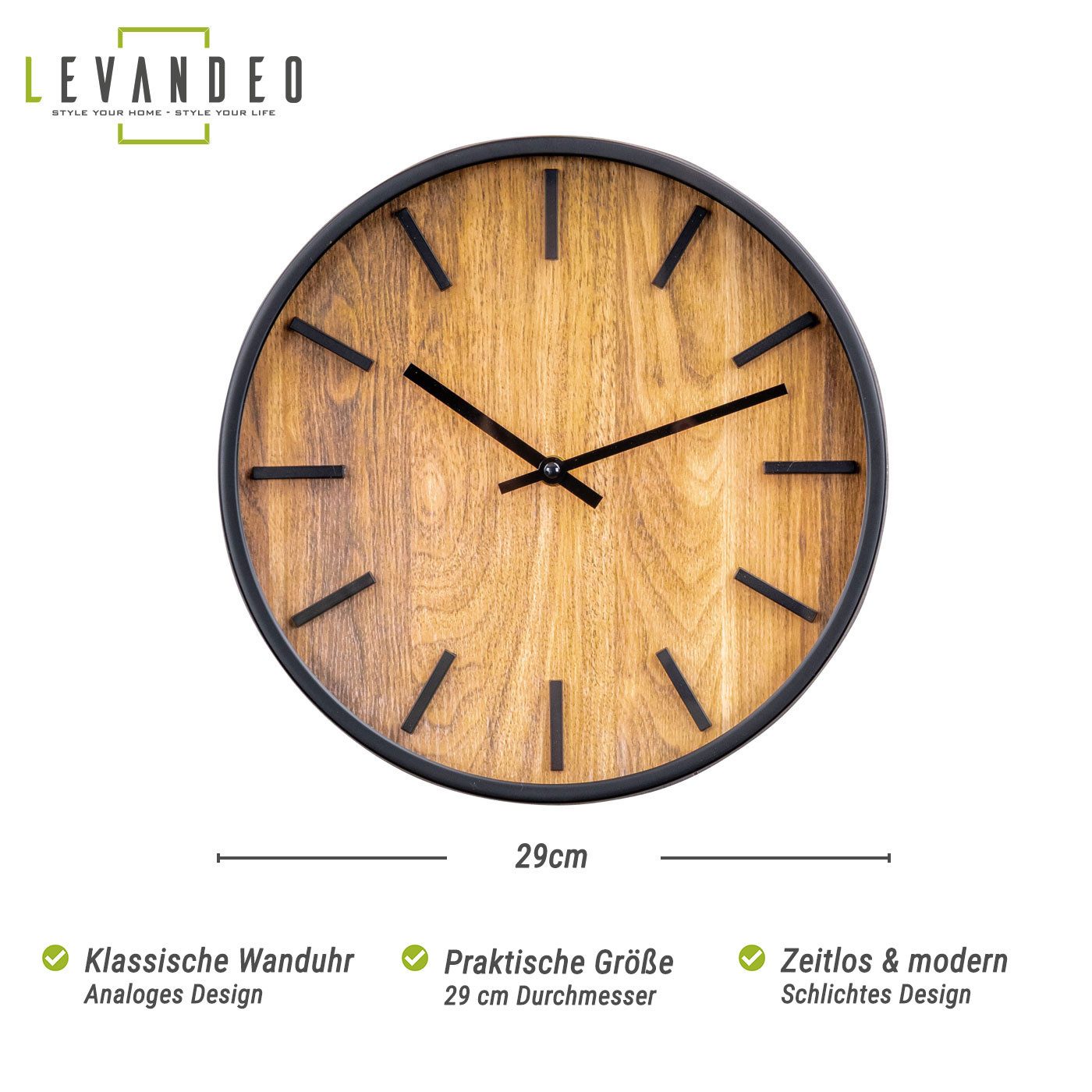 Levandeo® Wanduhr (Wanduhr ⌀29cm Holzoptik Analoge Uhr Rund Natur Schwarz W günstig online kaufen