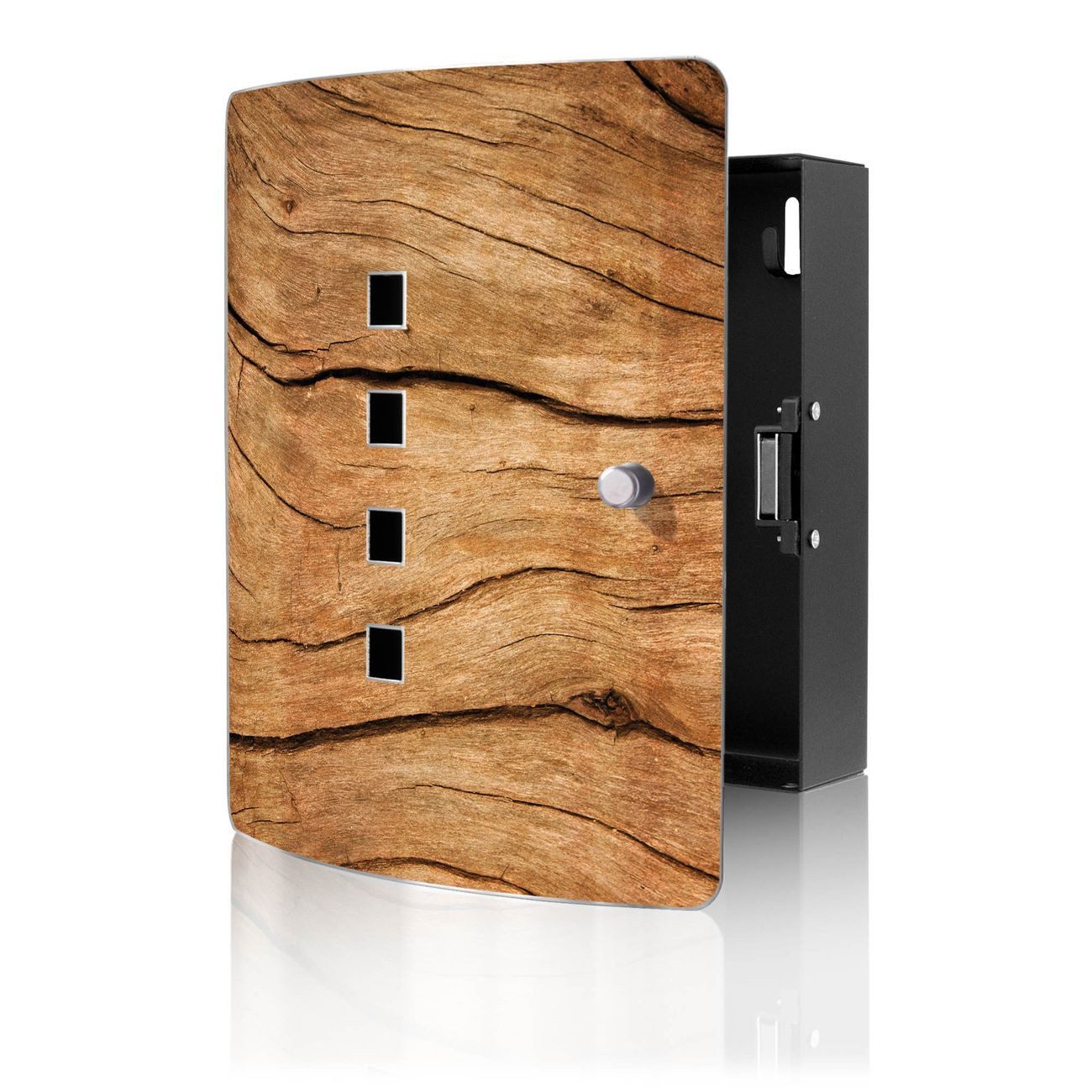 banjado Schlüsselkasten Edelstahl mit Motiv Trockenes Holz (verstellbarer Magnetverschluss, mit 10 Haken, gebogene Tür, einstellbarer Magnet), 24 x 21,5 x 7 cm