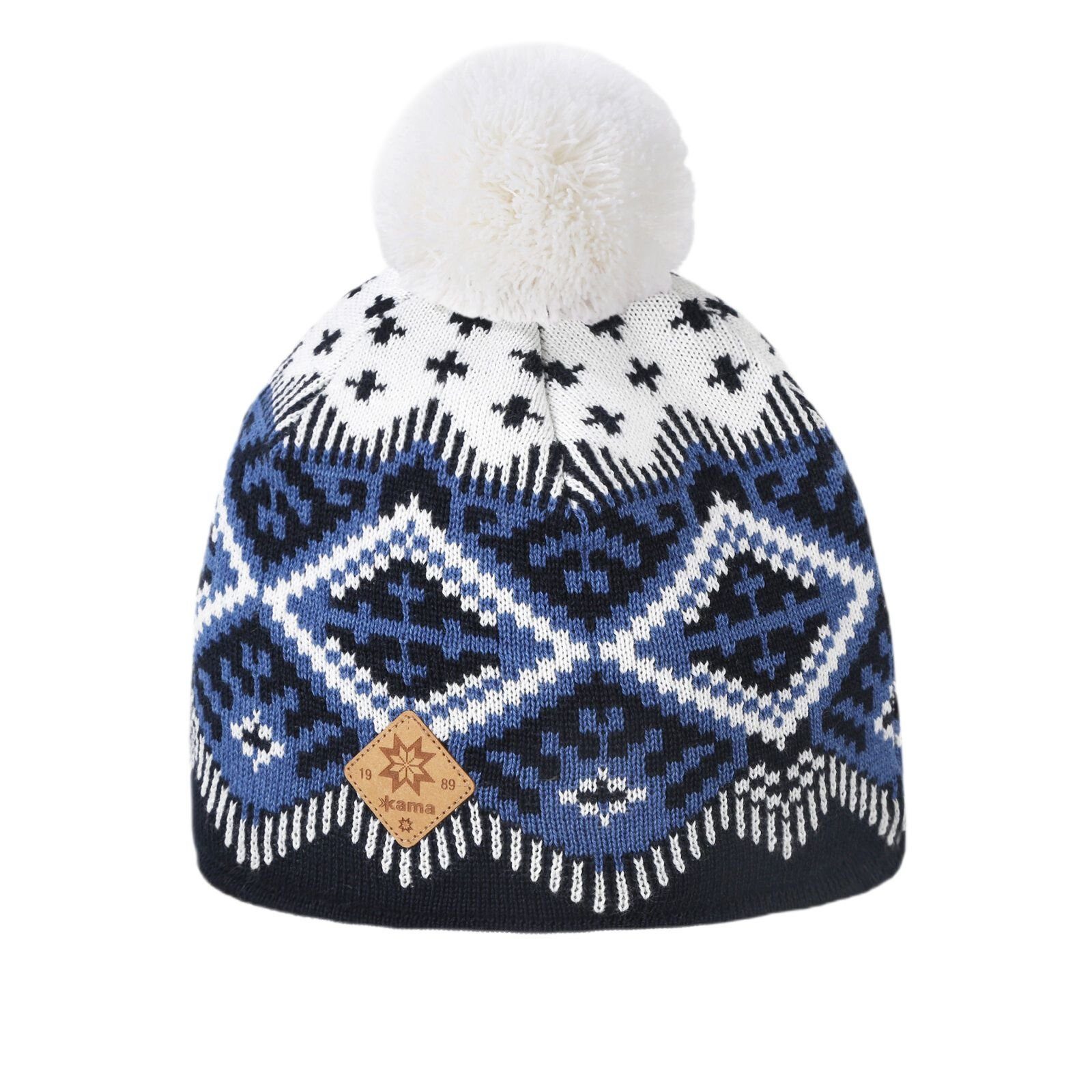 Strickmütze (Bommel) A186 Kamakadze Merino - Damen navyblau/blau/weiss - 1 Stück