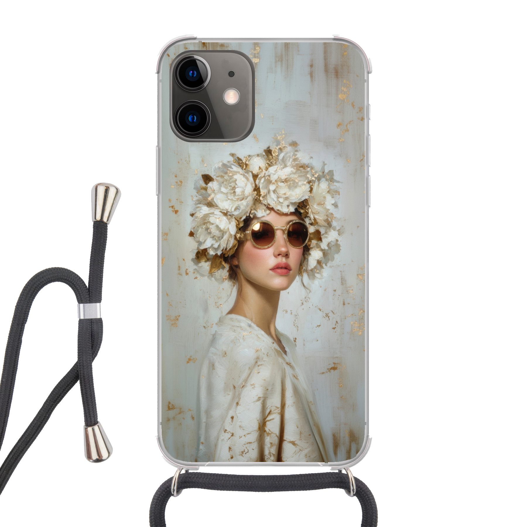MuchoWow Handyhülle für Apple iPhone 12 Gemälde - Frau - Sonnenbrille - Blumenkranz, Tragbare Handyhüllen mit Kette zum umhängen, Handykette Handyband
