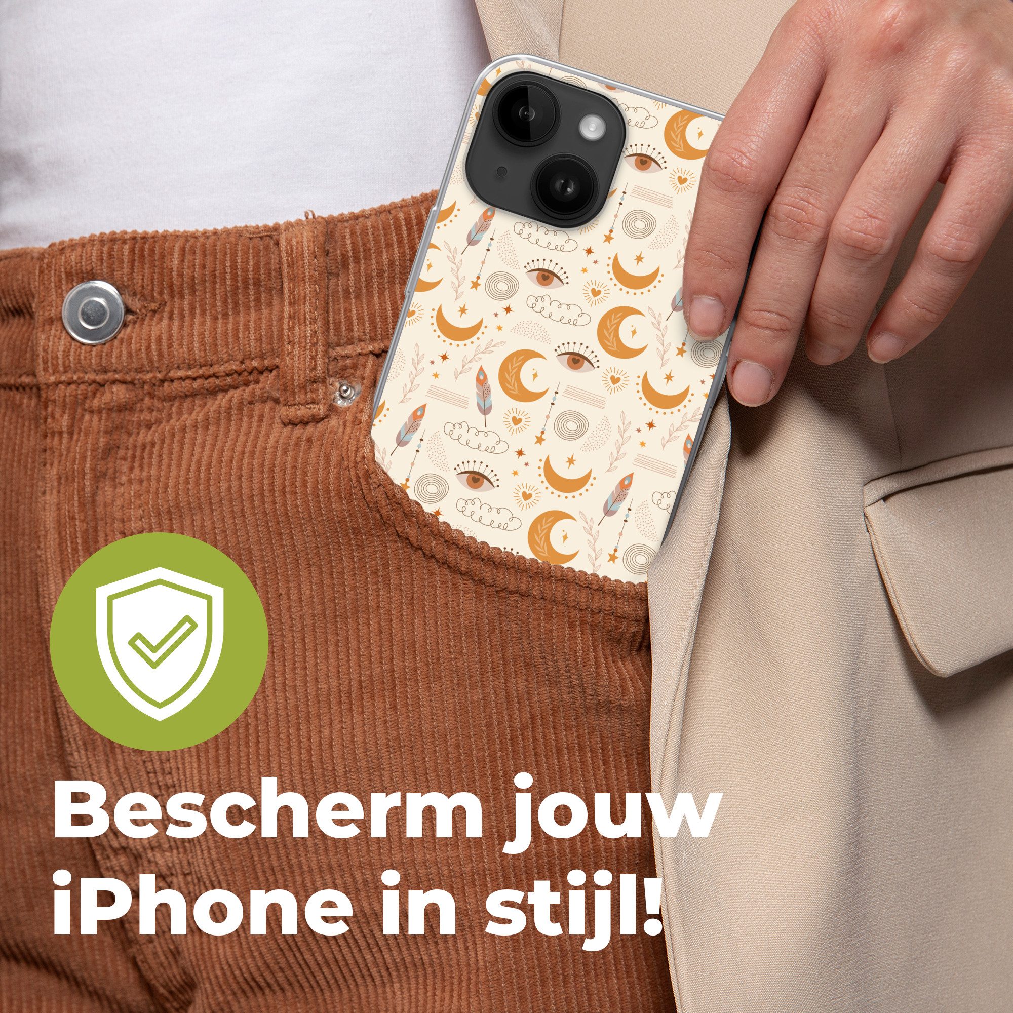 MuchoWow Handyhülle für Apple iPhone 14 Boho - Druck - Augen - Mond - Federn - Beige, Smartphone-Bumper, Print, Handy Schutzhülle Dünn