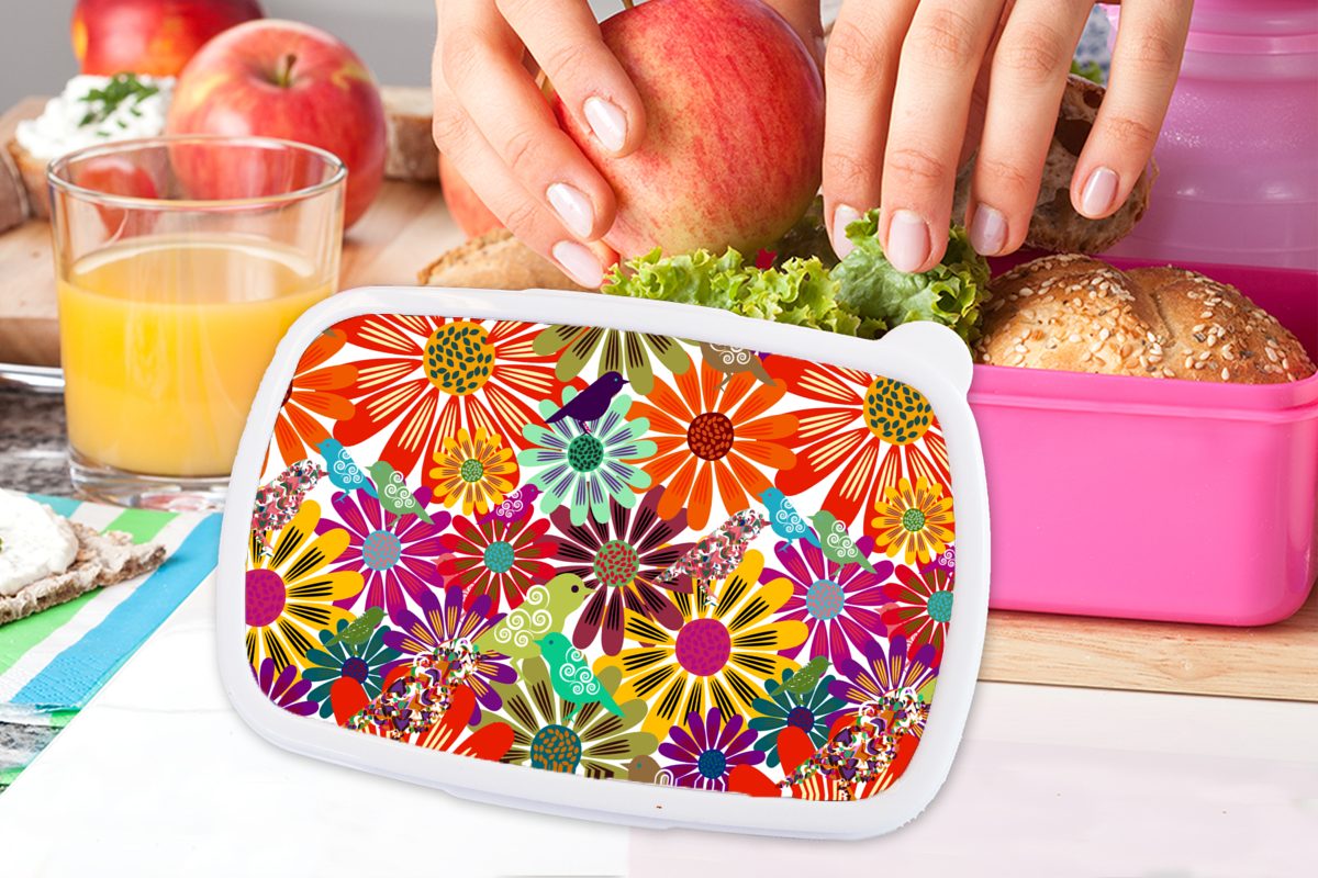 MuchoWow Lunchbox Regenbogen - Brotbox - Hippie, Muster Brotdose Kunststoff Blumen für Kinder, Snackbox, Erwachsene, Kunststoff, rosa Mädchen, (2-tlg), 