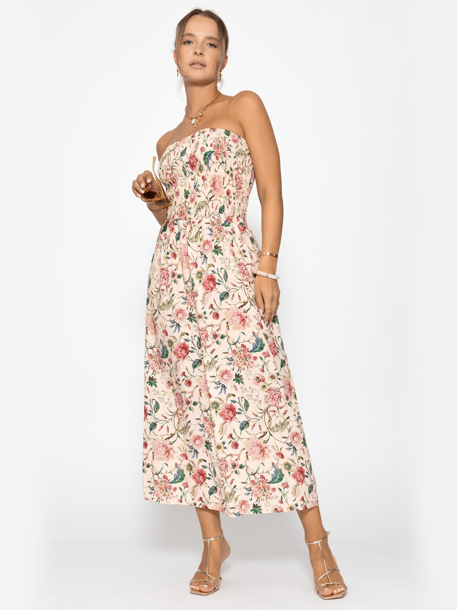SASSYCLASSY Bandeaukleid Gesmoktes Bandeau-Kleid mit Print Damen trägerloses Midikleid mit gerafftem Bustier jeansblau – Bild 4 von 5