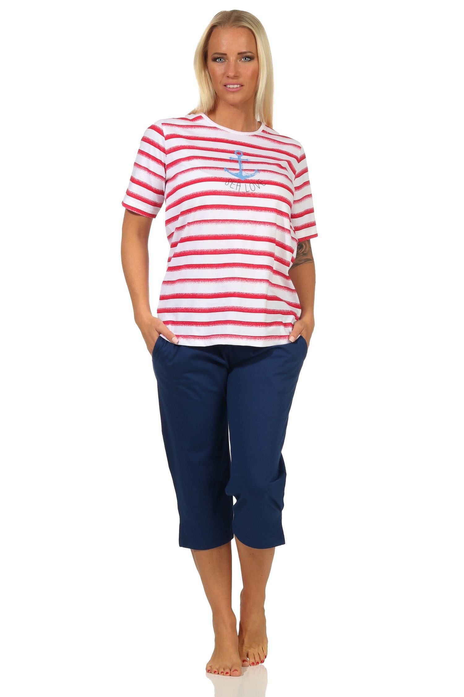 Normann Pyjama Maritimer Damen kurzarm Capri Schlafanzug, Oberteil mit Anker Motiv rot