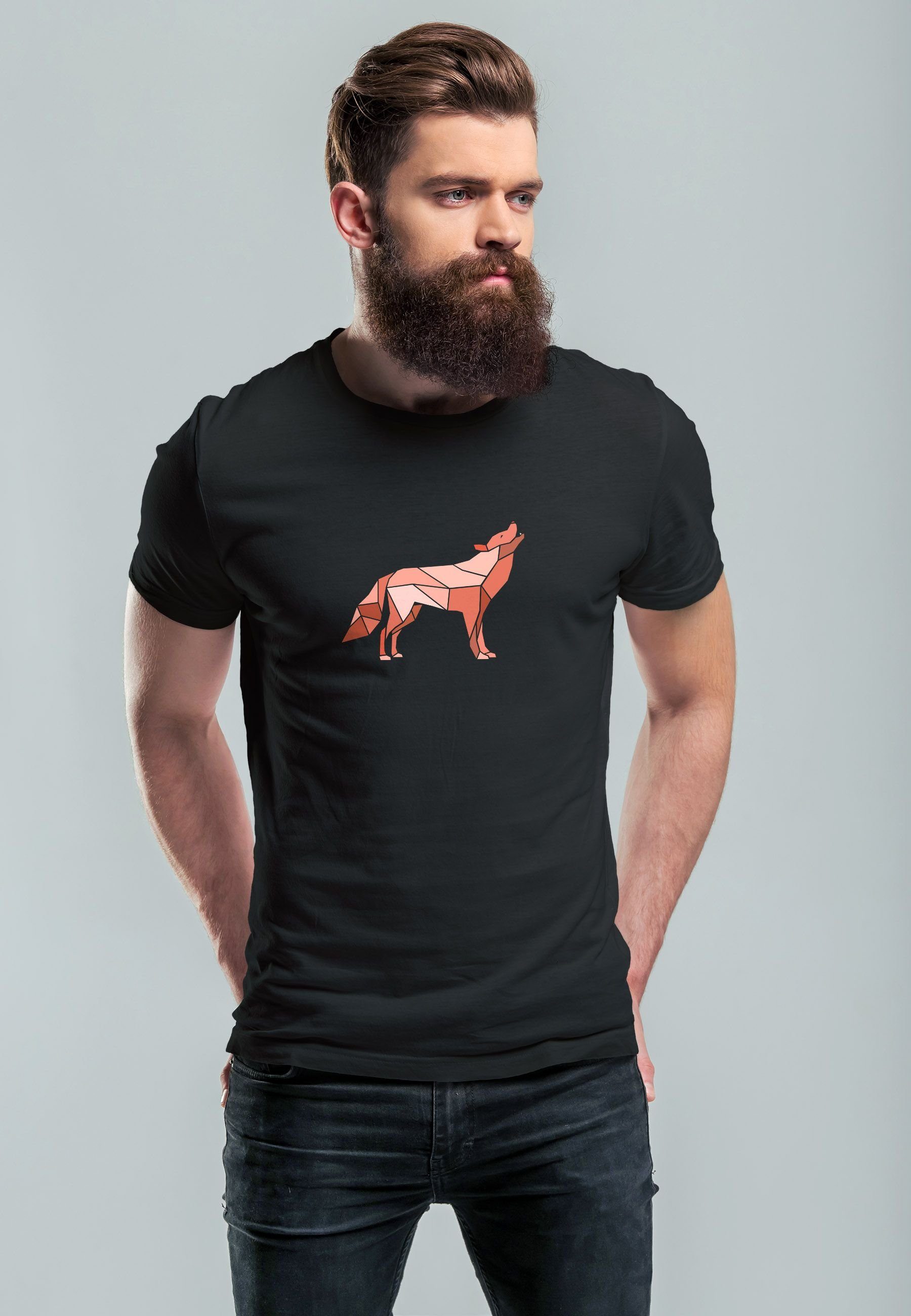 Neverless Print-Shirt Herren T-Shirt Bedruckt schwarz Fashion Tiermotiv Outdoor mit Polygon Wolf Grafik Print