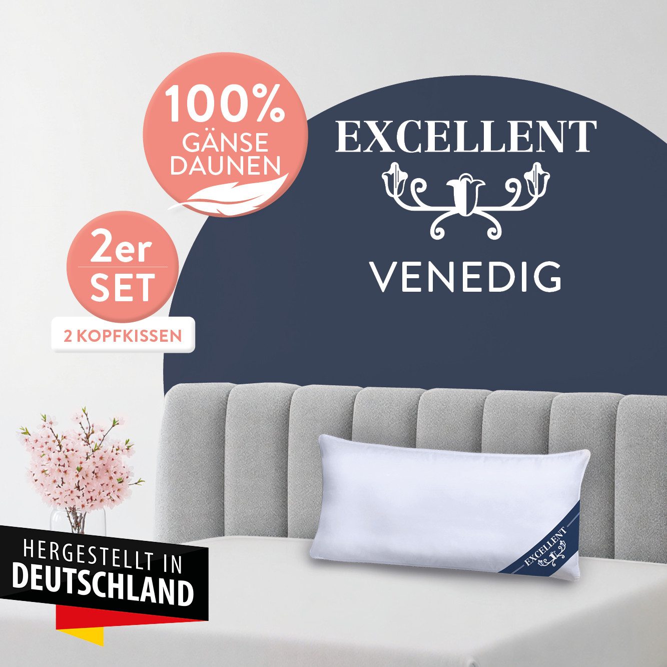 Excellent 3-Kammer-Kopfkissen Venedig, 3-Kammer-Kopfkissen Größenauswahl 40x40-80x80 cm, Füllung: weiße neue Gänsedaunen, Klasse I, 100% Daunen (Außen), weiße n – Bild 2 von 5
