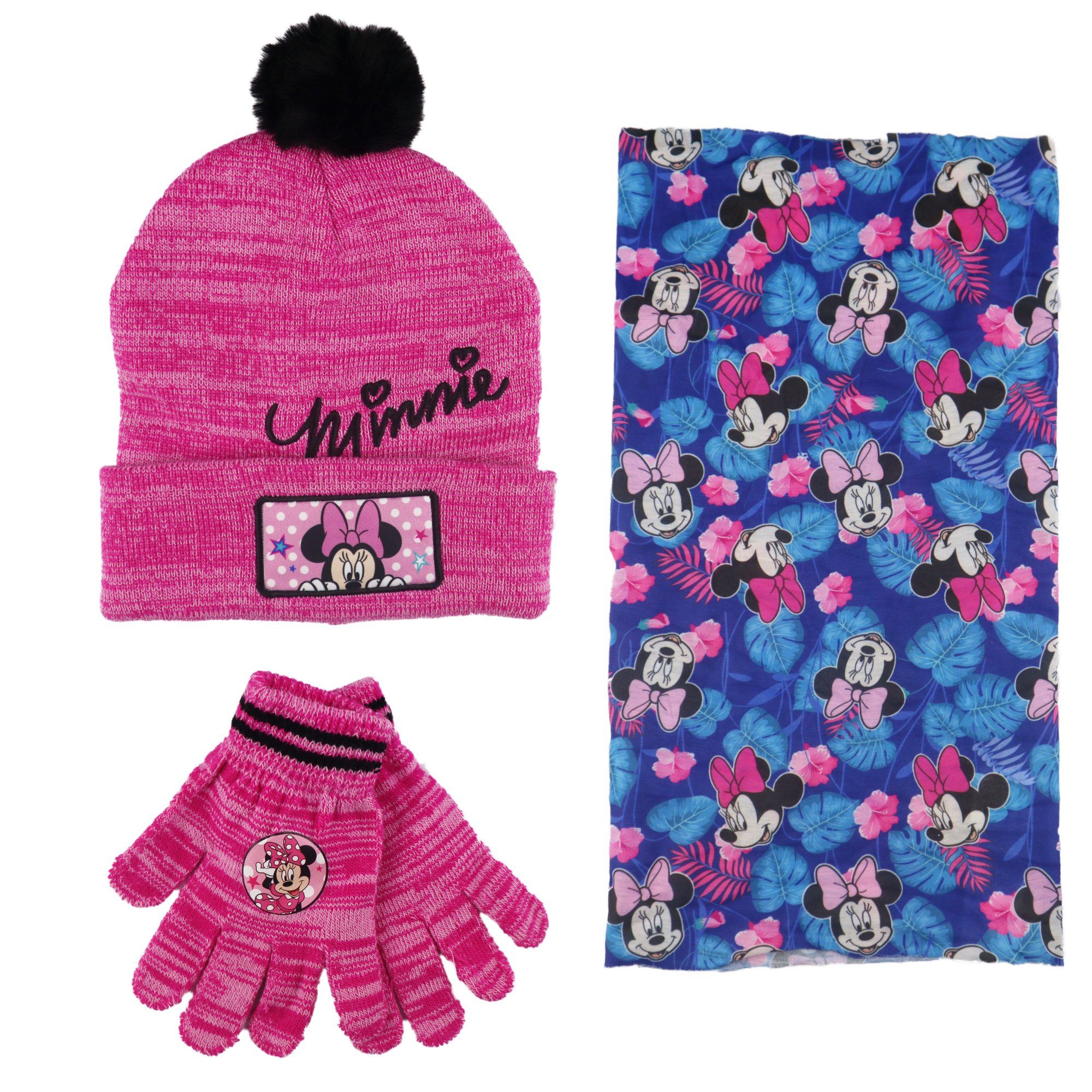 Disney Minnie Mouse Bommelmütze Minnie Maus Winter Set Mütze Snood  Handschuhe Gr. 52 oder 54