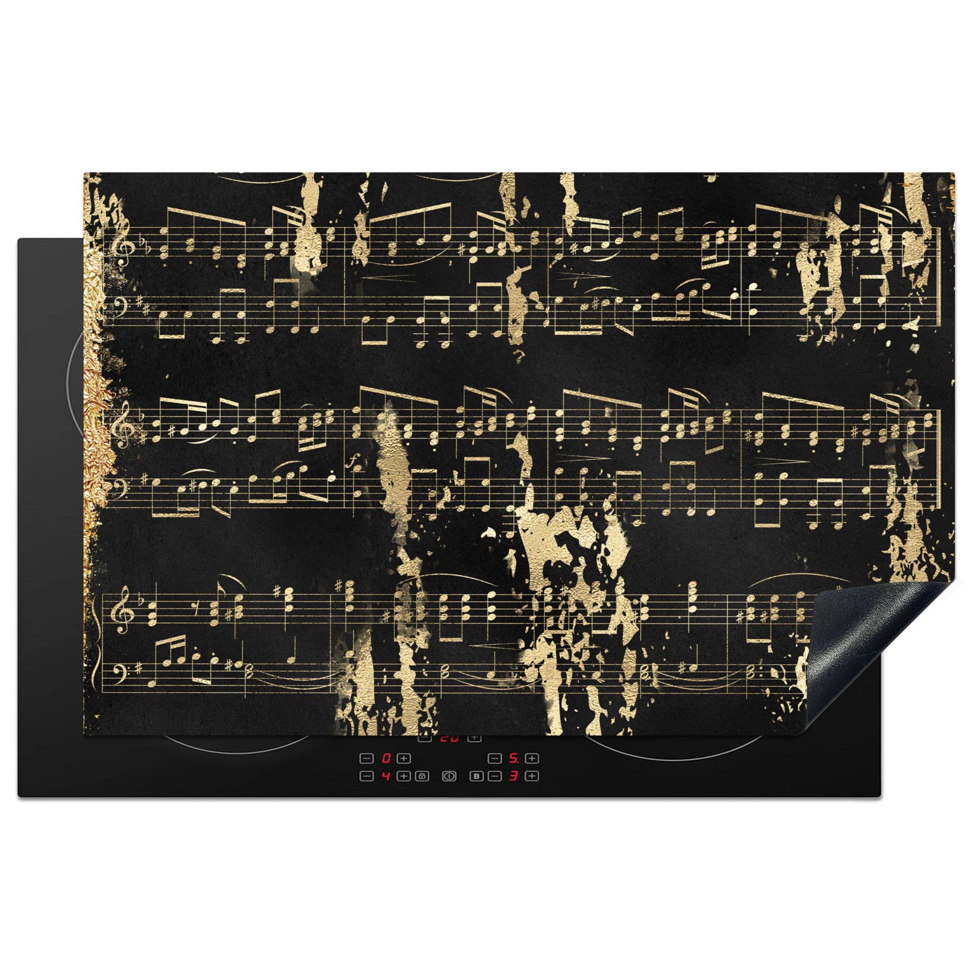 MuchoWow Herdblende-/Abdeckplatte Musik - für die küche, Gold Schwarz, Induktionskochfeld 81x52 cm, Ceranfeldabdeckung Schutz Vinyl, tlg), - (1