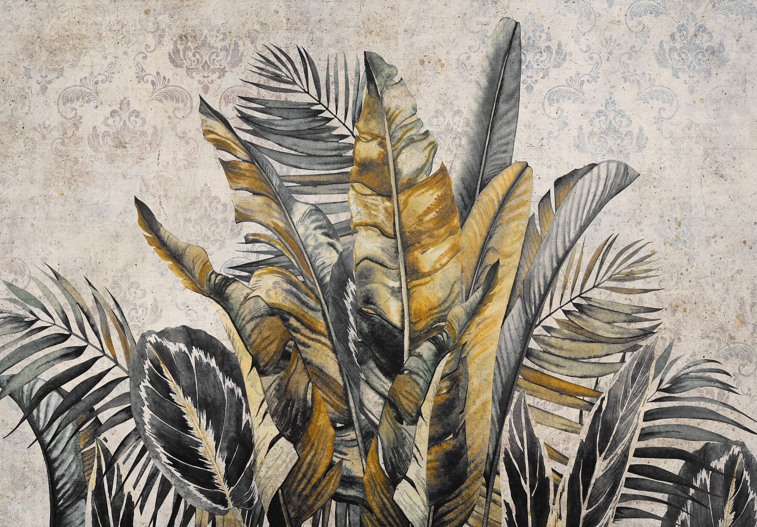 Wallarena Fototapete Blätter Grau Gelb Vlies Tapete Wohnzimmer Schlafzimmer Wandtapete, Glatt Vlies oder Struktur Vinyl, Blätter, Grau, Gelb, (Vlies Fototapete, Vlies Fototapete), Vliestapete schwarz Wohnzimmer Schlafzimmer Küche Tapete + Kleister