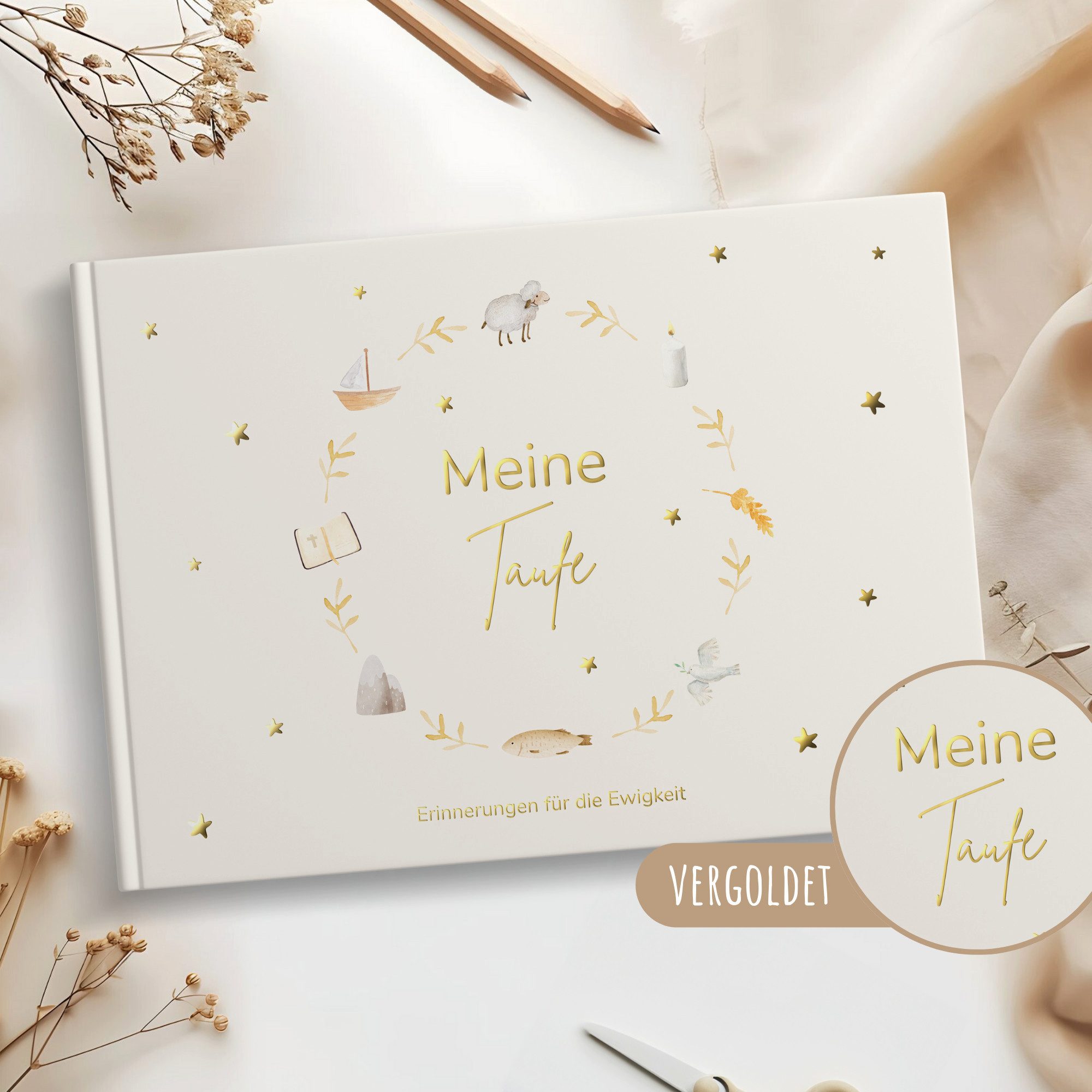 MeinBaby123® Tagebuch Taufbuch vergoldet, Meine Taufe, Taufalbum Erinnerungsalbum, Geschenk zur Taufe, Gästebuch Taufe, Fotobuch Taufe