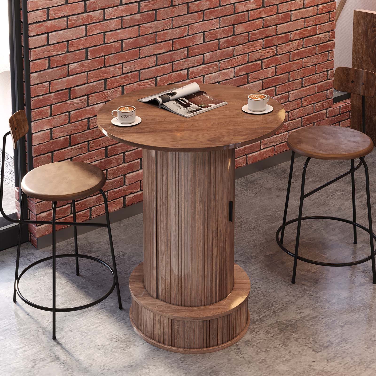 Hongsuny Bartisch mit Stauraum, Weinglasablage & Schiebetür, runder Bistrotisch (1-St), Hochtisch, Stehtisch, Cocktailtisch, Tresentisch, ⌀70 cm