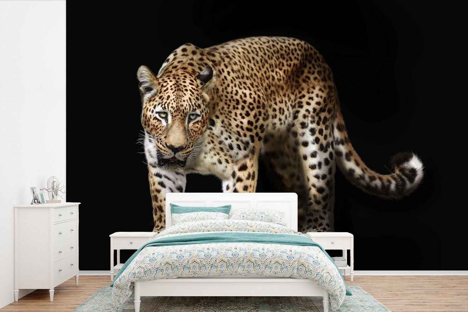 MuchoWow Fototapete Leopard - Wild - Schwarz, Matt, bedruckt, (6 St), Wallpaper für Wohnzimmer, Schlafzimmer, Kinderzimmer, Vinyl Tapete