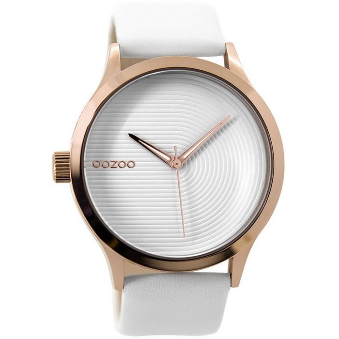 OOZOO Quarzuhr Oozoo Damen Armbanduhr weiß (Armbanduhr) Damenuhr rund groß (ca. 44mm) Lederarmband Fashion-Style