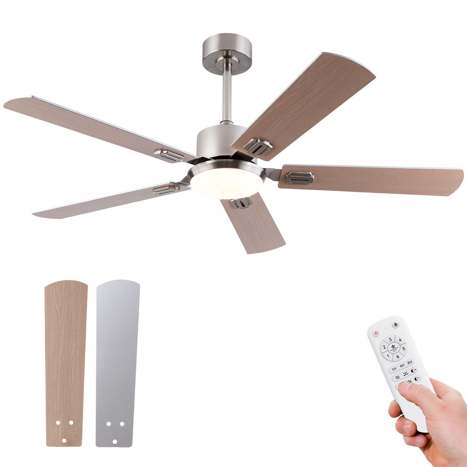 Rolipo Deckenventilator LED-Licht 3 Farben/Fernbedienung, Leiser DC-Motor Deckenventilator, 52 Zoll (Sommer/Winter), 6 Stufen, 2 Deckenstangen