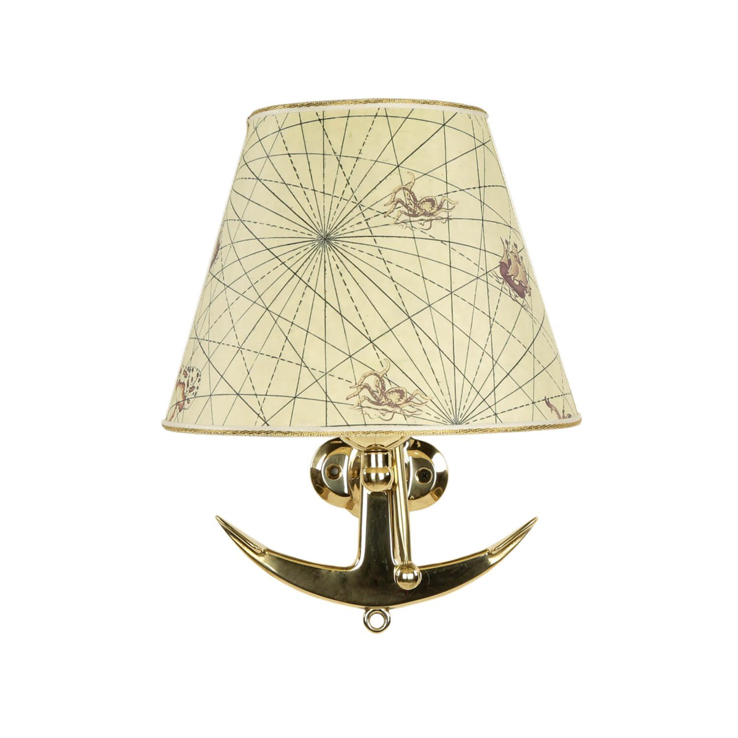Licht-Erlebnisse Wandleuchte VELIERO, ohne Leuchtmittel, Wandleuchte Messing Papier Anker Seekarte maritim Schlafzimmer Lampe