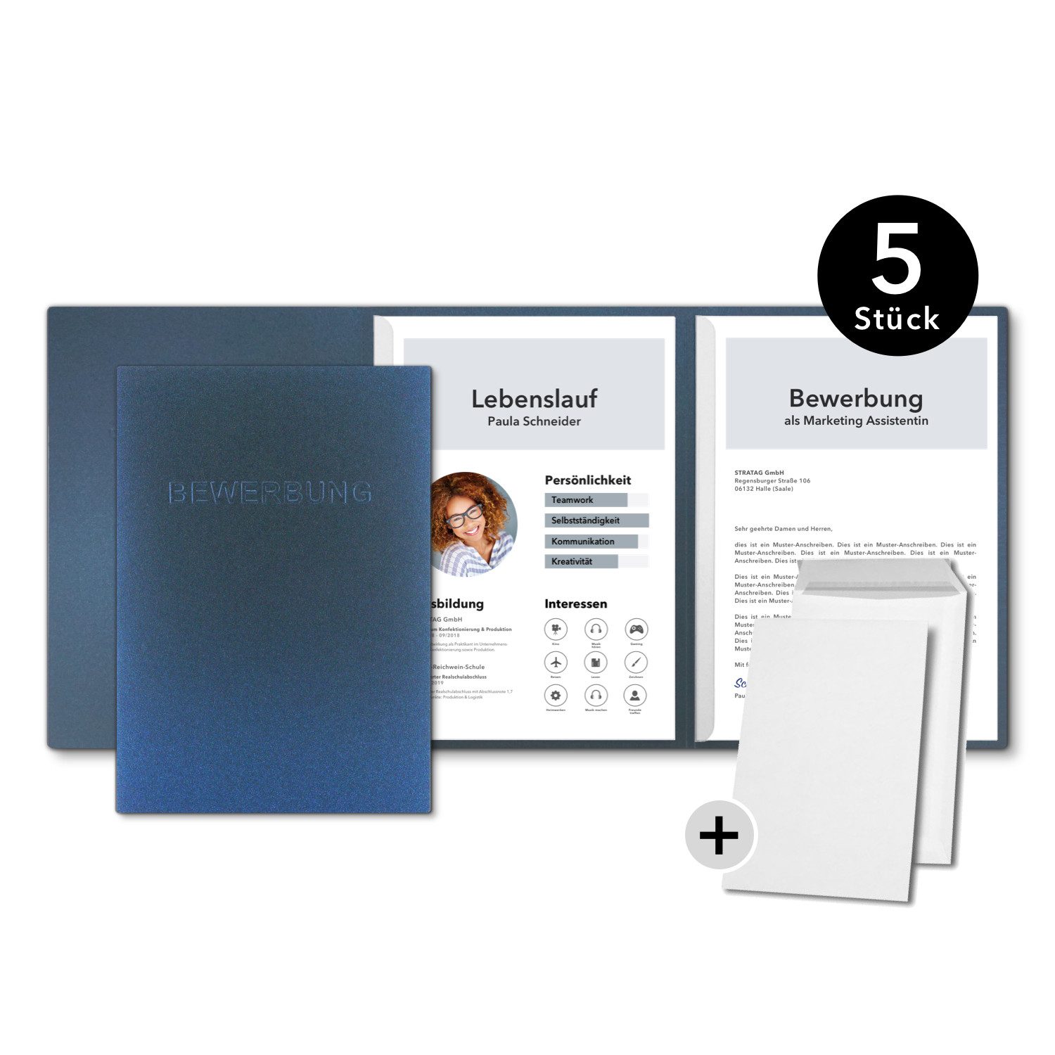 Bewerbungsmappe favorit Metallic - 5 Stk. 3-tlg mit 2 Klemmschienen und Versandtaschen