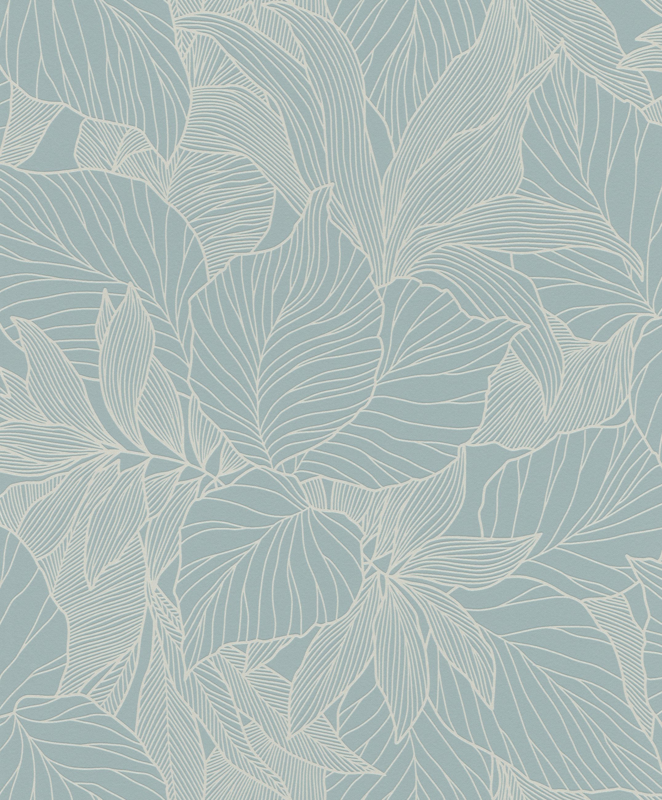 Rasch Vliestapete Blätter, Blumen & Palmen in 3D - Vliestapete Blau, floral, strukturiert, 3D-Optik, glänzend, bedruckt, (1 Rolle, 1 St., Kollektion 'Deco Style' - 10,05 m x 0,53 m), Lichtbeständige Farben - Feucht abwischbar - Restlost abziehbar