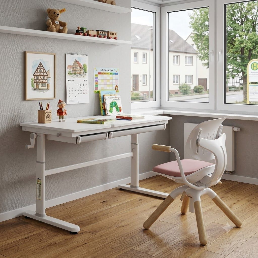 HOKO Kinderschreibtisch höhenverstellbar für Kinderzimmer (Tisch-Stuhl-Set, mit 360° drehbar Kinderstuhl, 2 Schubladen, 100x40 cm neigbarer Platte), 120x60 cm Schülerschreibtisch, Stuhl 40–50 cm, Weiß/Rosa, ELIN & LAURA