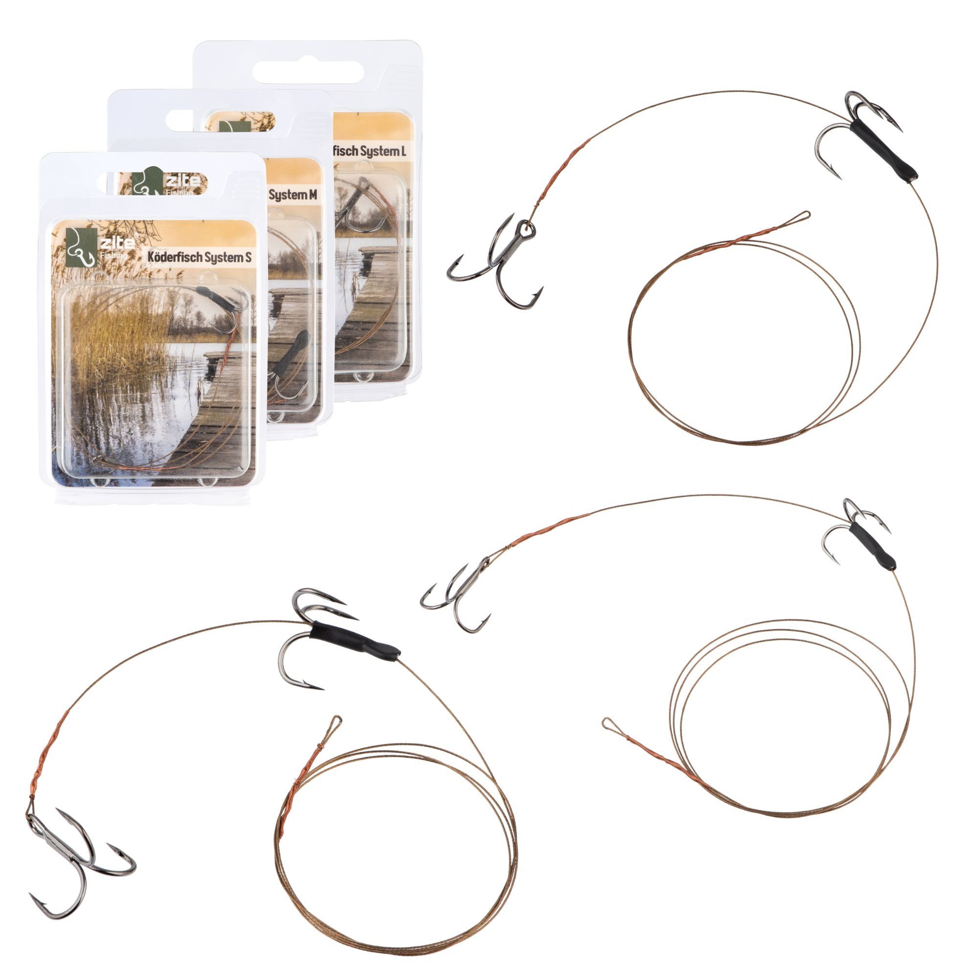 Zite Drillingshaken Hecht Köderfisch-System S, M & L Set Raubfisch Fertigmontage Angeln