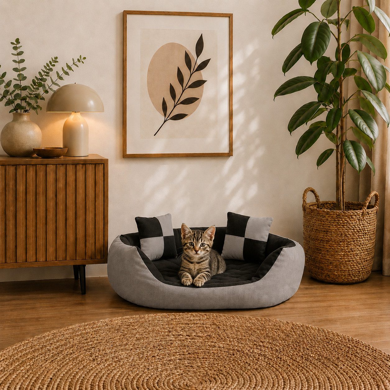 belviona Tierkissen, Katzenbettchen mit niedrigem Einstieg, 65x50 cm, grau/schwarz, Oxford, Katzenkörbchen 4-in-1, wendbares Katzenbett