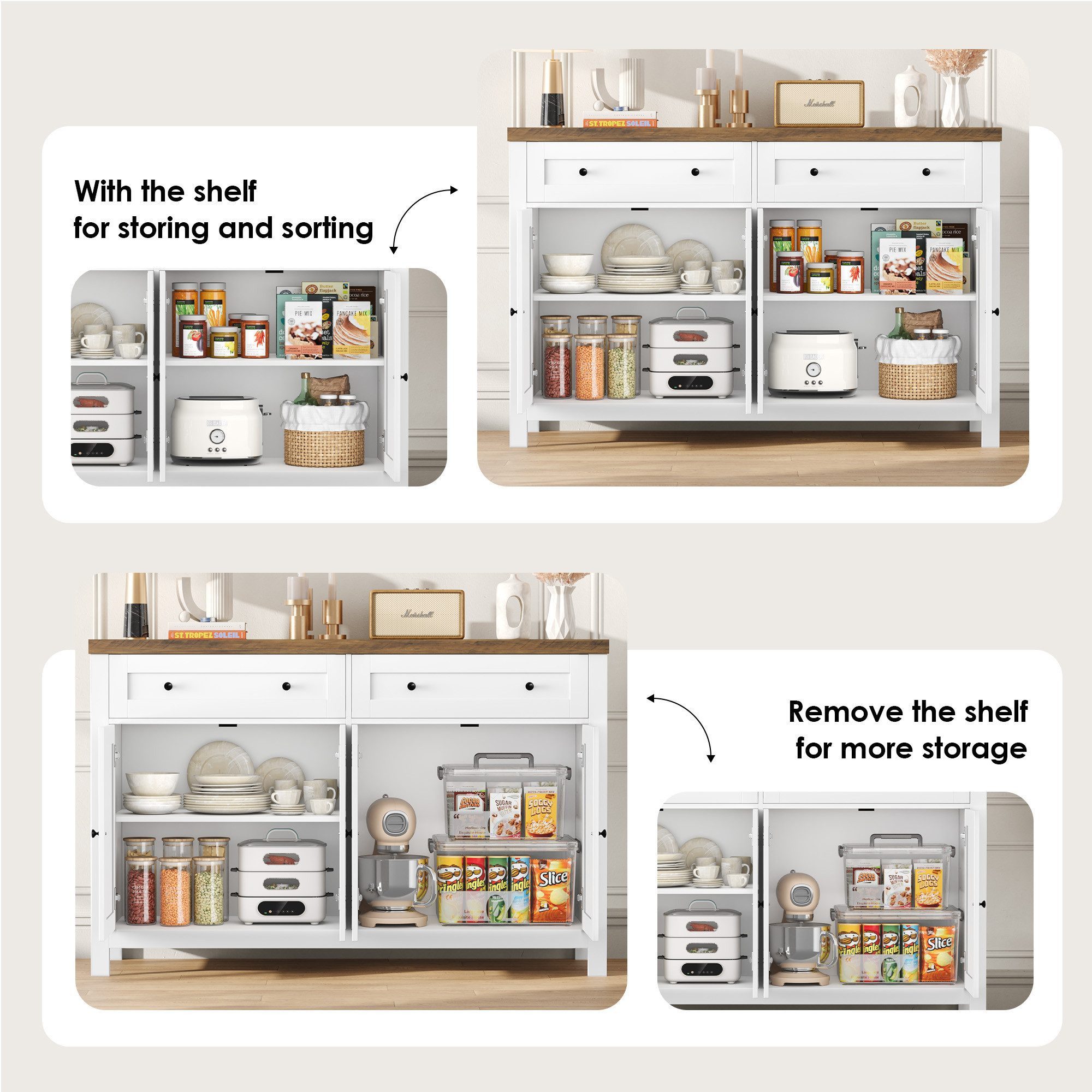 HOMECHO Buffet kitchen cabinet with worktop, 2 drawers and 4 doors