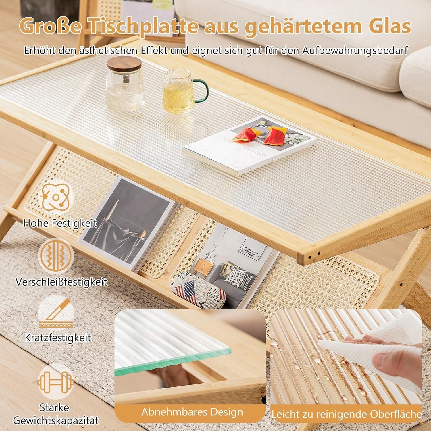 cm Glasplatte Couchtisch Rattan-Magazinregal, mit 120 KOMFOTTEU 56 Sofatisch, x 44,5 & x