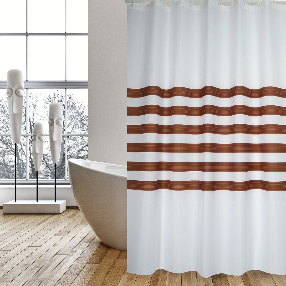 MSV Duschvorhang Cotexsa RAYAS Breite 180 cm, Textil-Duschvorhang, Made in Spain, 100% Polyester, wasserundurchlässig, Anti-Schimmel-Effekt, Anti-Bakteriell beschichtet, waschbar 30°, 180 x 200 cm, Farbe weiß / braun