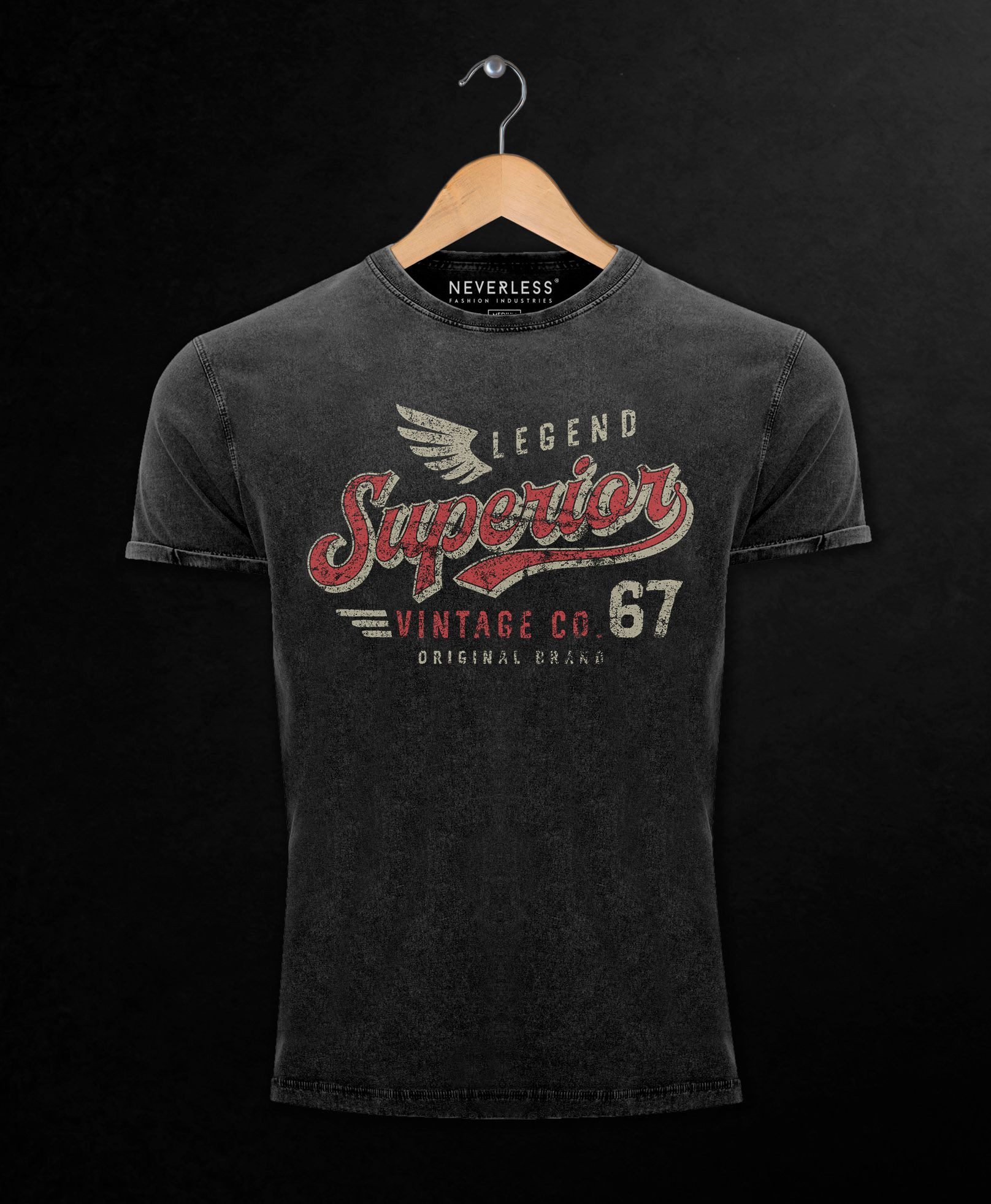 Neverless Print-Shirt Herren Vintage Shirt Retro Motiv Schriftzug Superior Legend Flügel mit Print