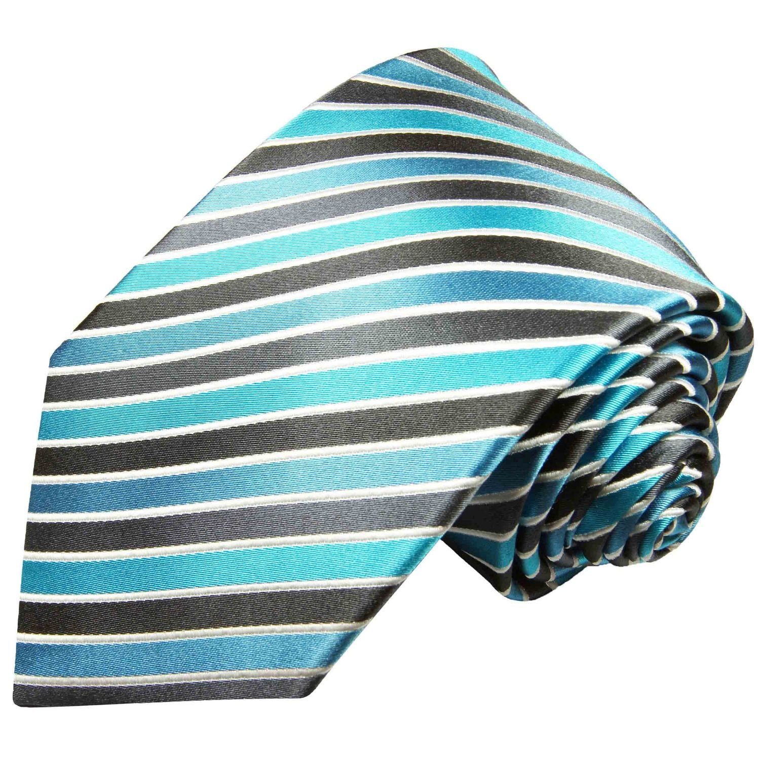 Paul Malone Krawatte Breit Tuch 100% 250 (8cm), mit gestreift modern Seide Seidenkrawatte 2-St., Einstecktuch) Krawatte mit Herren grau (Set, türkis