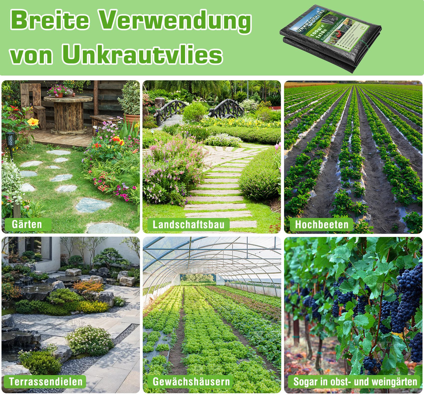 ElitVita Unkrautvlies 1*10/50m Gartenvlies, Zuschneidbar, UV-Schutz, Atmungsaktive, Reißfest, (1-St), für Terrassenbau Gewächshäuser Landschaftsbau