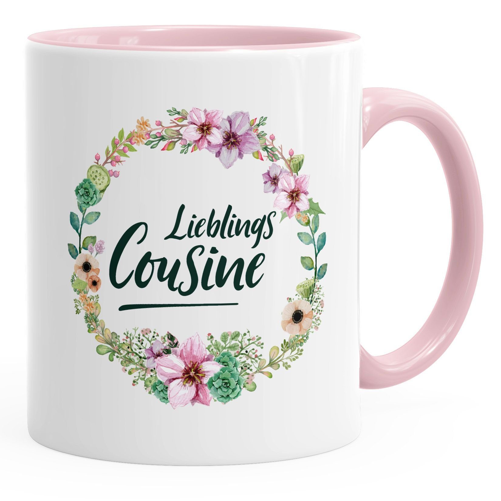 MoonWorks Tasse Kaffee-Tasse Geschenktasse Geschenk Bordüre Familie Blüten Blumenranke Cousine Lieblingscousine Keramik MoonWorks®, Blumen rosa für