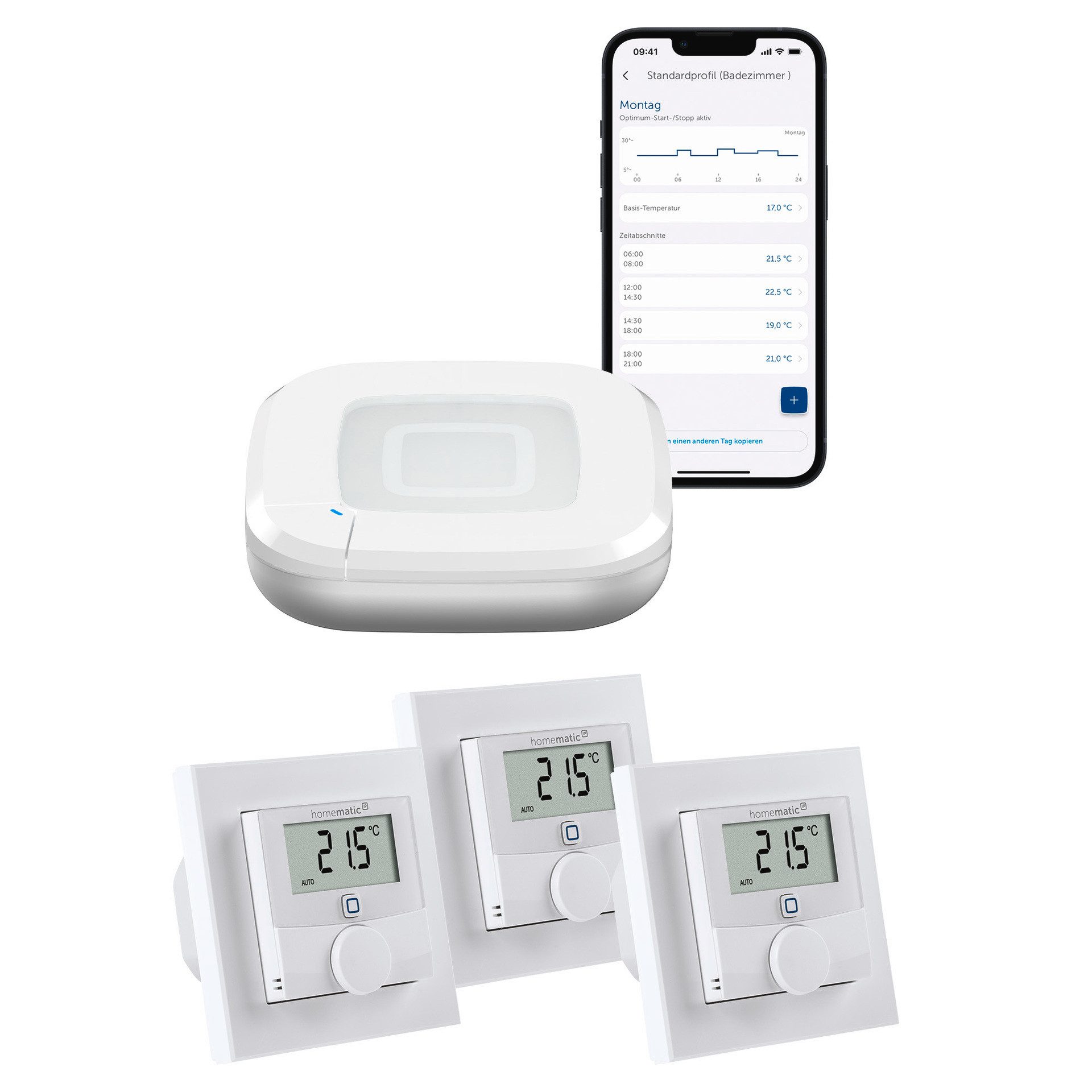 Homematic IP Fußbodenheizung für 3 Räume Smart-Home Starter-Set, inkl. HAP & 3 Wandthermostaten mit Schaltausgang (230V)
