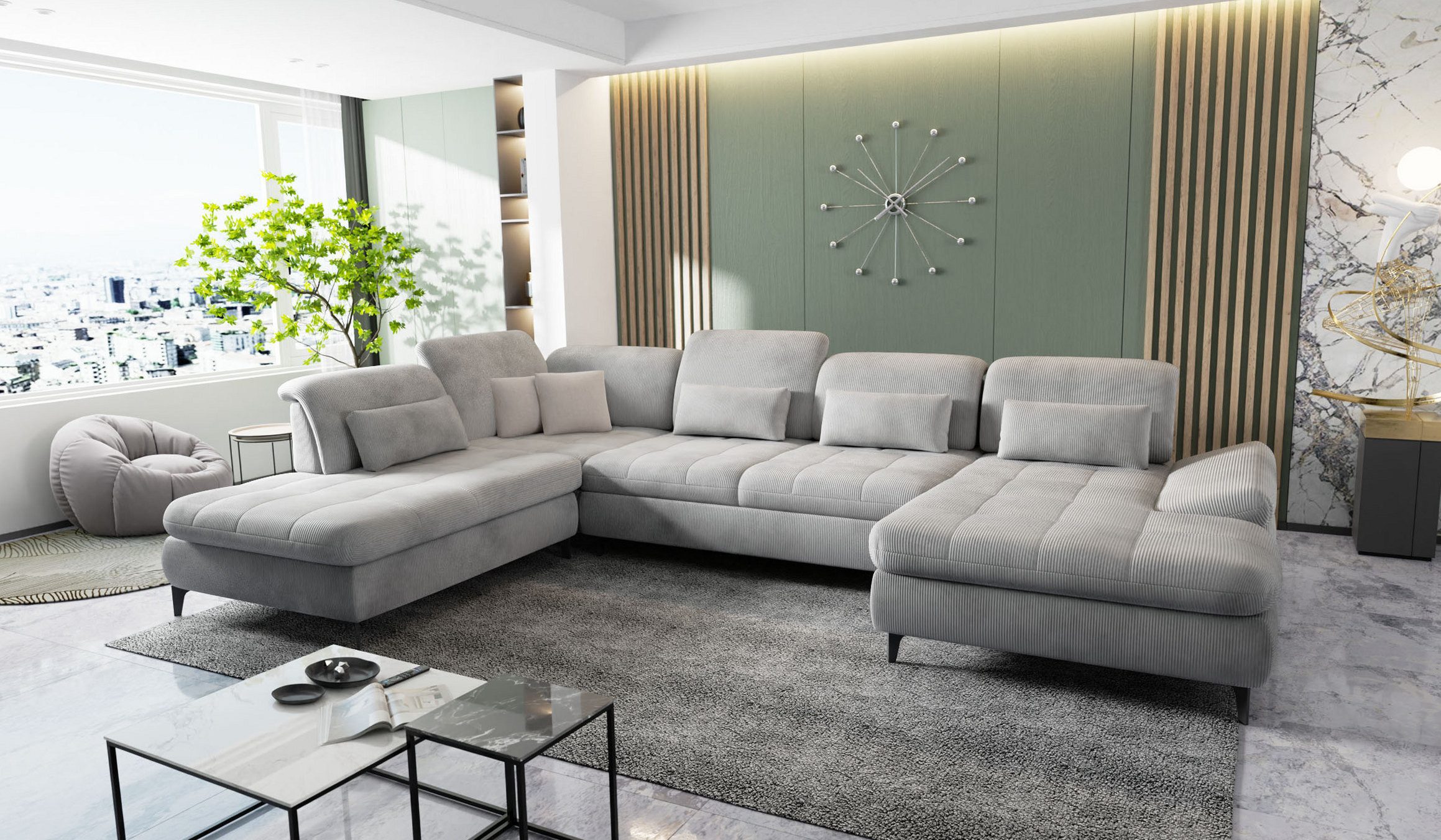 Hygger Möbelhaus Wohnlandschaft Nola U-Form XXL wahlweise mit Bettfunktion & 2 Bettkästen wählbar, Eckcouch B × T₁ / T₂: 370 × 170/230 cm, inkl. Sitztiefenverstellung, Kopfteilverstellung, Armteilverstellung