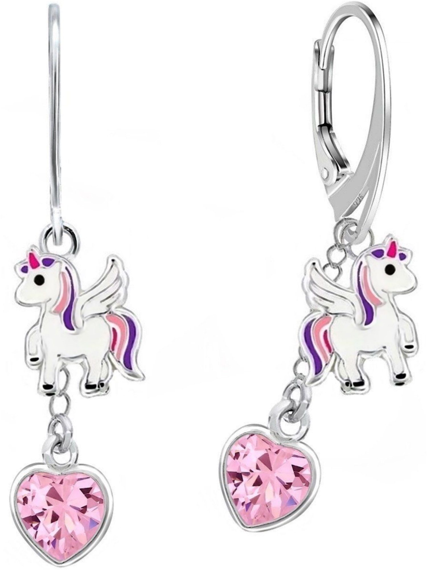 Goldene Hufeisen Paar Ohrhänger Einhorn Pferd mit Rosa Herz Zirkonia Klappbrisuren aus 925 Silber (1 Paar, inkl. Etui), Handgefertigt