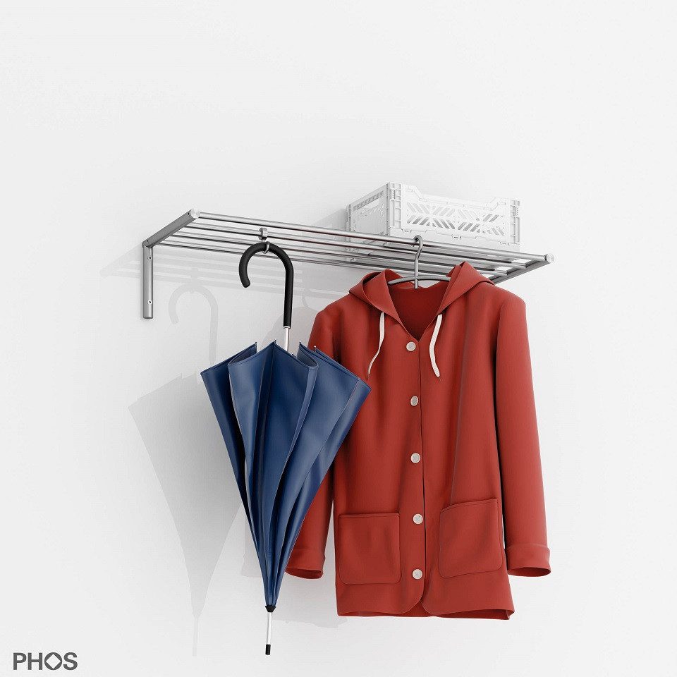 PHOS Design Wandgarderobe aus Edelstahl mit 4 Kleiderstangen (Modell: G15-500), - 100% Made in Germany