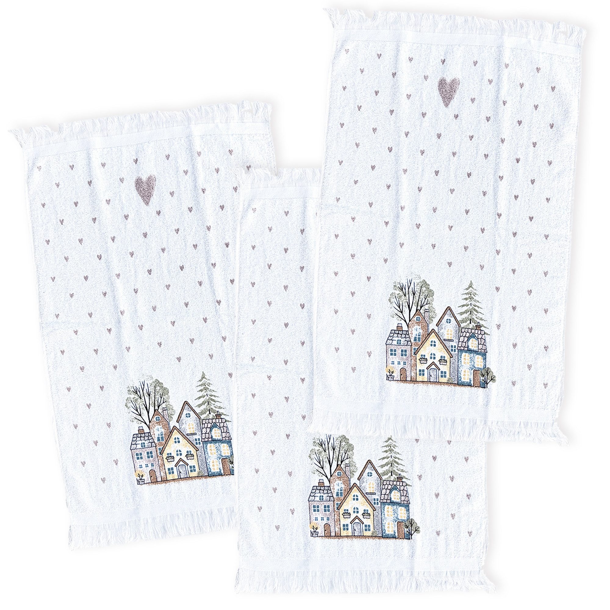 Clayre & Eef Geschirrtuch Homes and Hearts, (3-tlg., 3-teilig), Frottee Küchenhandtücher Gästehandtücher ca.40x66cm Baumwolle