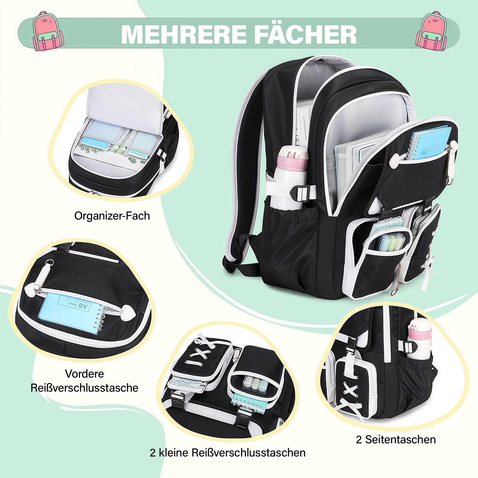 MOPUEA Schulrucksack Schulrucksack Mädchen Teenager Daypack 3. bis 7. Klasse Schule (Schulrucksack-Set mit Lunchbox Federmäppchen für Mädchen Teenager, 3-tlg.,  – Bild 2 von 5