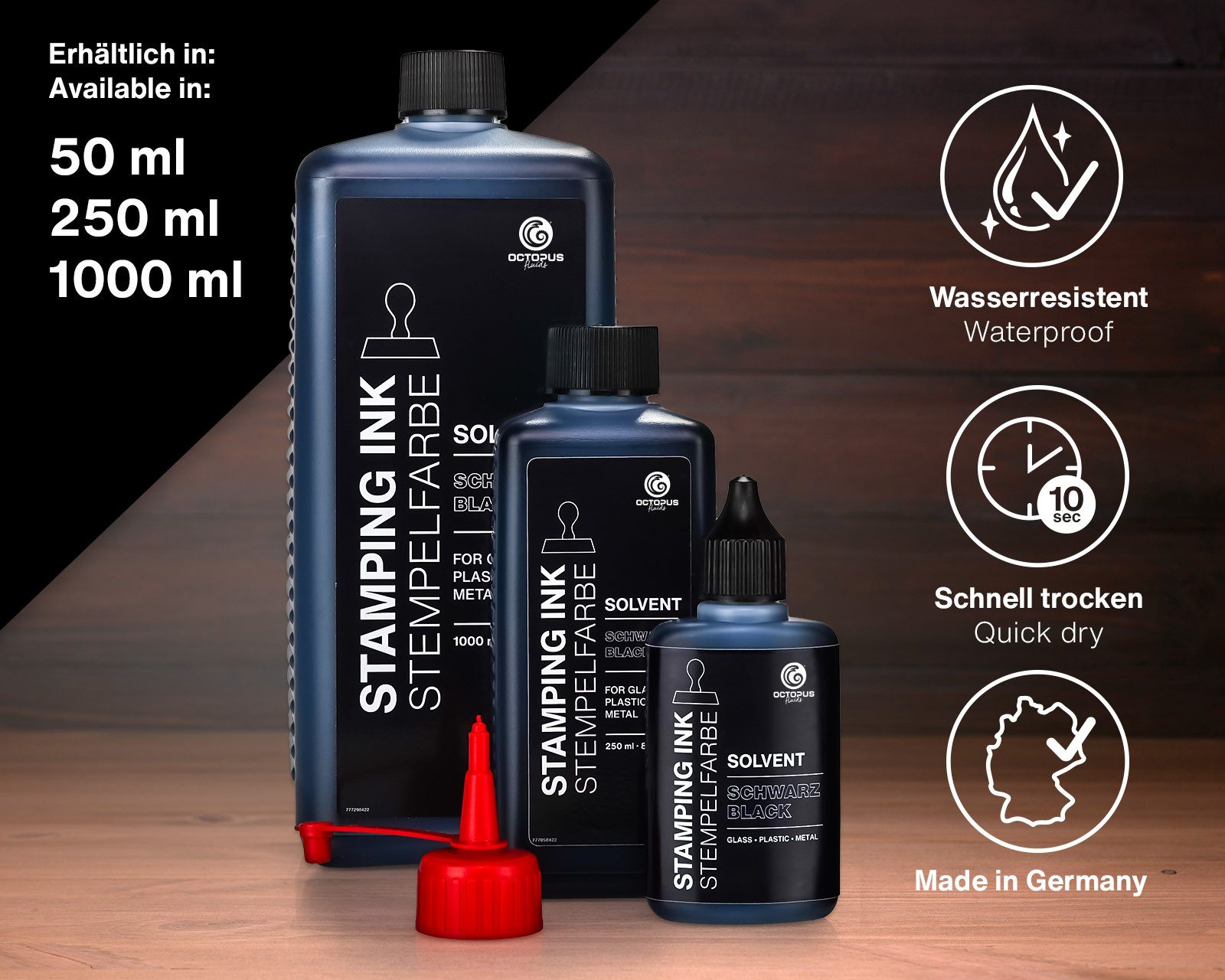 OCTOPUS Fluids Lenizett Solvent Stempelfarbe für glatte Untergründe, schwarz 50ml Stempelkissen (1-tlg., wasserfest)