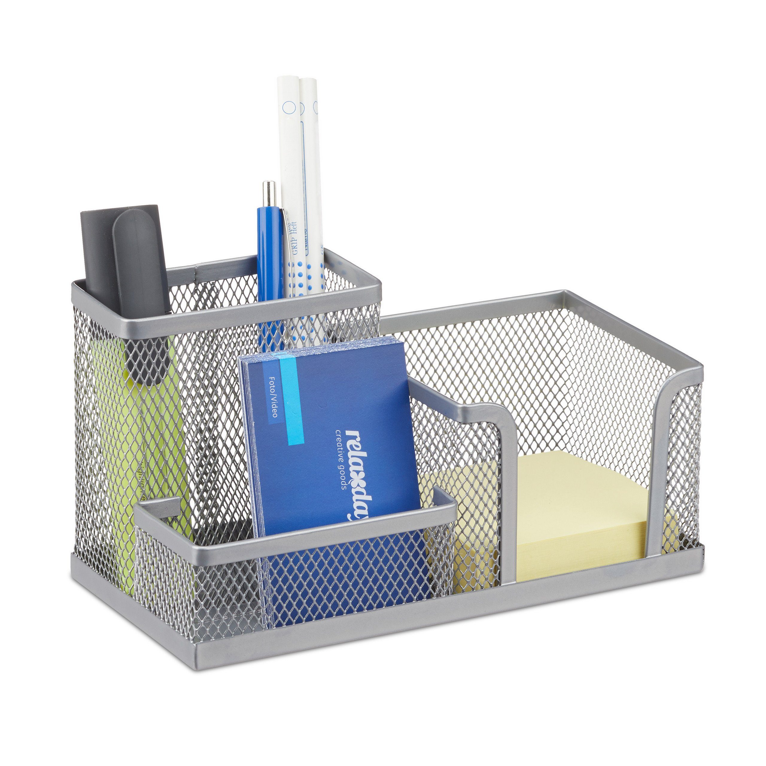 relaxdays Organizer Stiftehalter mit Zettelhalter, silber
