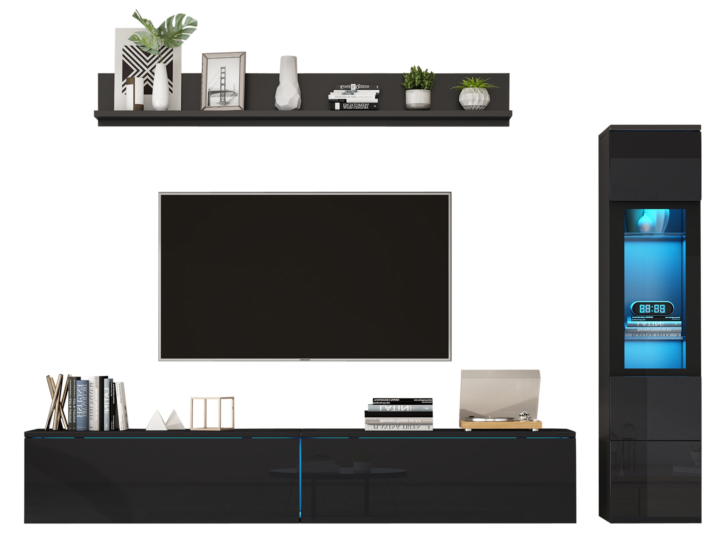 SeedWave Lowboard 3 Teiliges Wohnwand-Set, 180cm TV-Schrank&Vitrine mit LED, Hängeregal, LED-Beleuchtung mit Farbwechsel, 2 verstellbare Glasböden