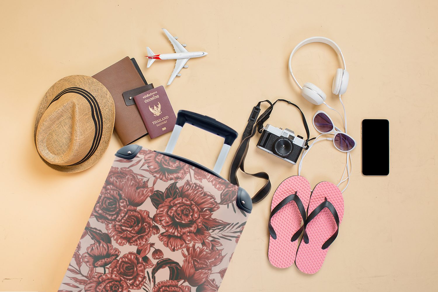 Ferien, Reisekoffer rollen, Rollen, - - Handgepäck für Handgepäckkoffer 4 Reisetasche Blumen, MuchoWow Muster Trolley, Rose mit