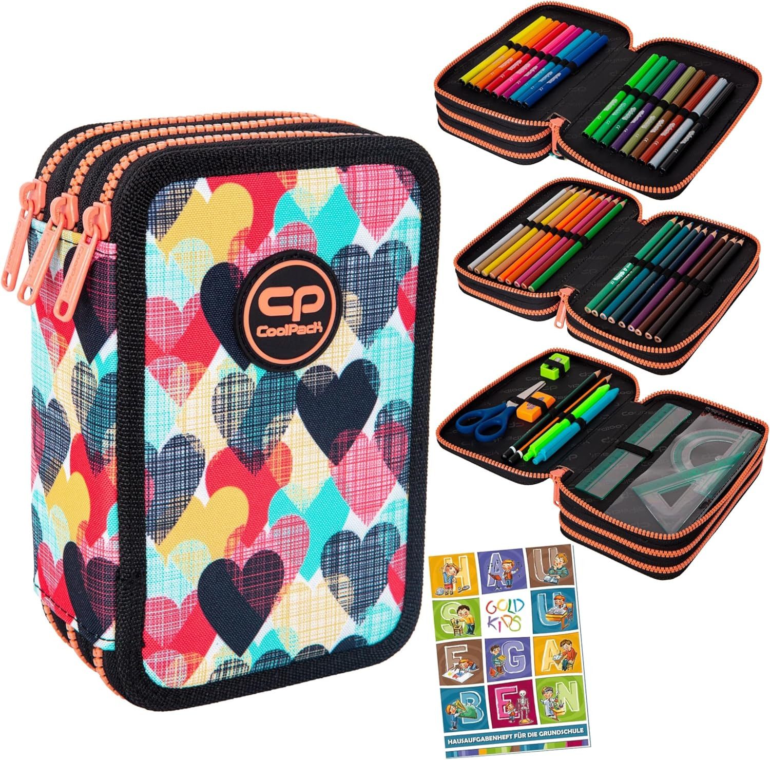 GOLDKIDS Federmäppchen CoolPack XXL Chocolove Federtasche, (3-Fach Schulstiftetui, dreifaches, 1-tlg., Federmäppchen, Federmäppchen für Mädchen, Jungen), Federmäppchen 44-teilig gefüllte Schüleretui 3-stöckig