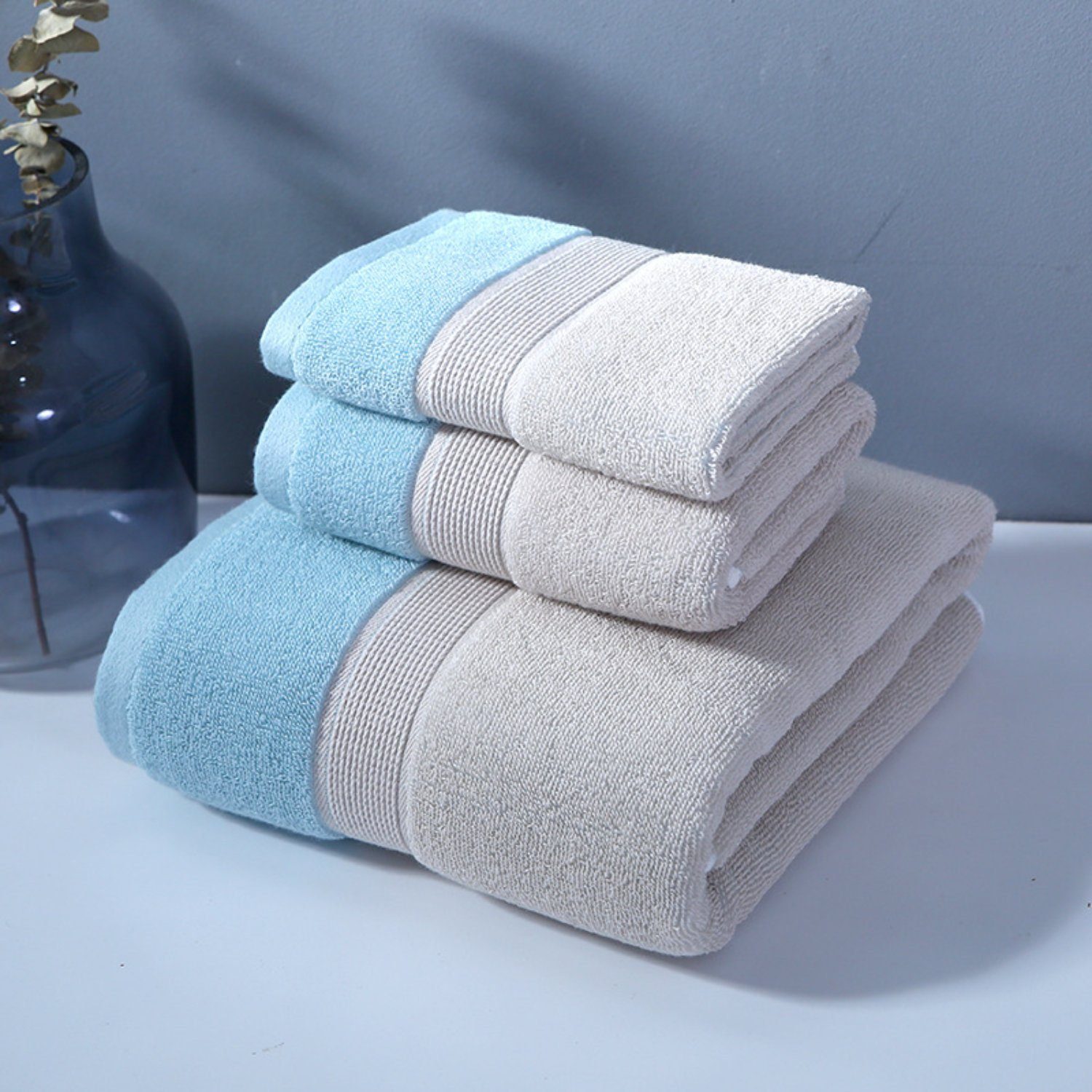 (3-St), Handtuch Set Handtücher, Duschtuch, Baumwolle zweifarbiges HOMEIDEAS Hellblau