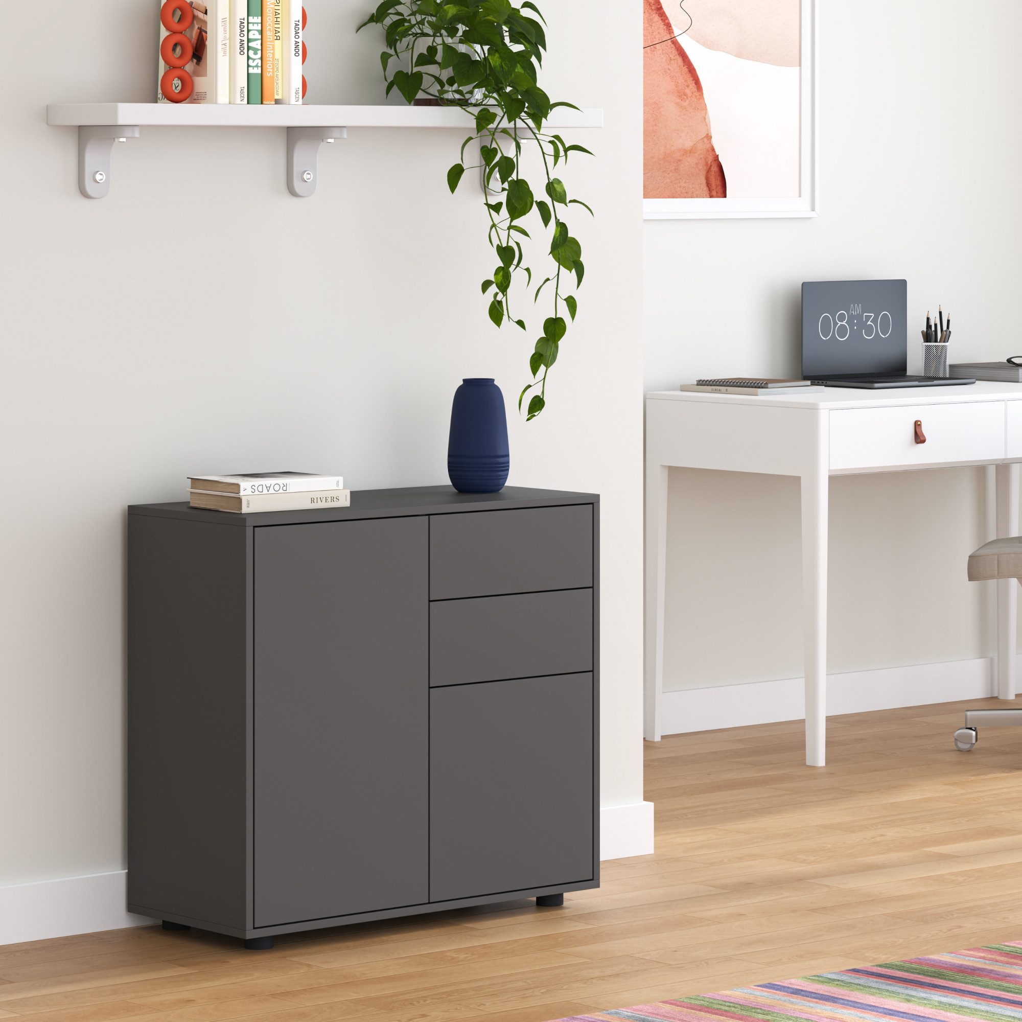 en.casa Sideboard, »Paarl« mit 2 Türen und 2 Schubladen 74x79x36 cm Dunkelgrau