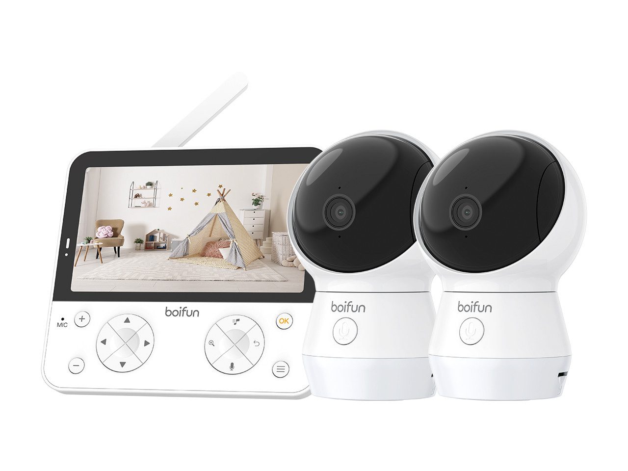 Boifun Babyphone 4MP Babyphone mit 2 Kameras App, Split-Screen-Ansicht, KI/Weinen/Bewegungs/Geräuscherkennung, Intelligente Nachtsicht, Automatische Verfolgung, PTZ 345°/65°, 5.5" Video Babyfon WLAN, geteiltem Bildschirm, Schwenk-Neige-Zoom-Funktion