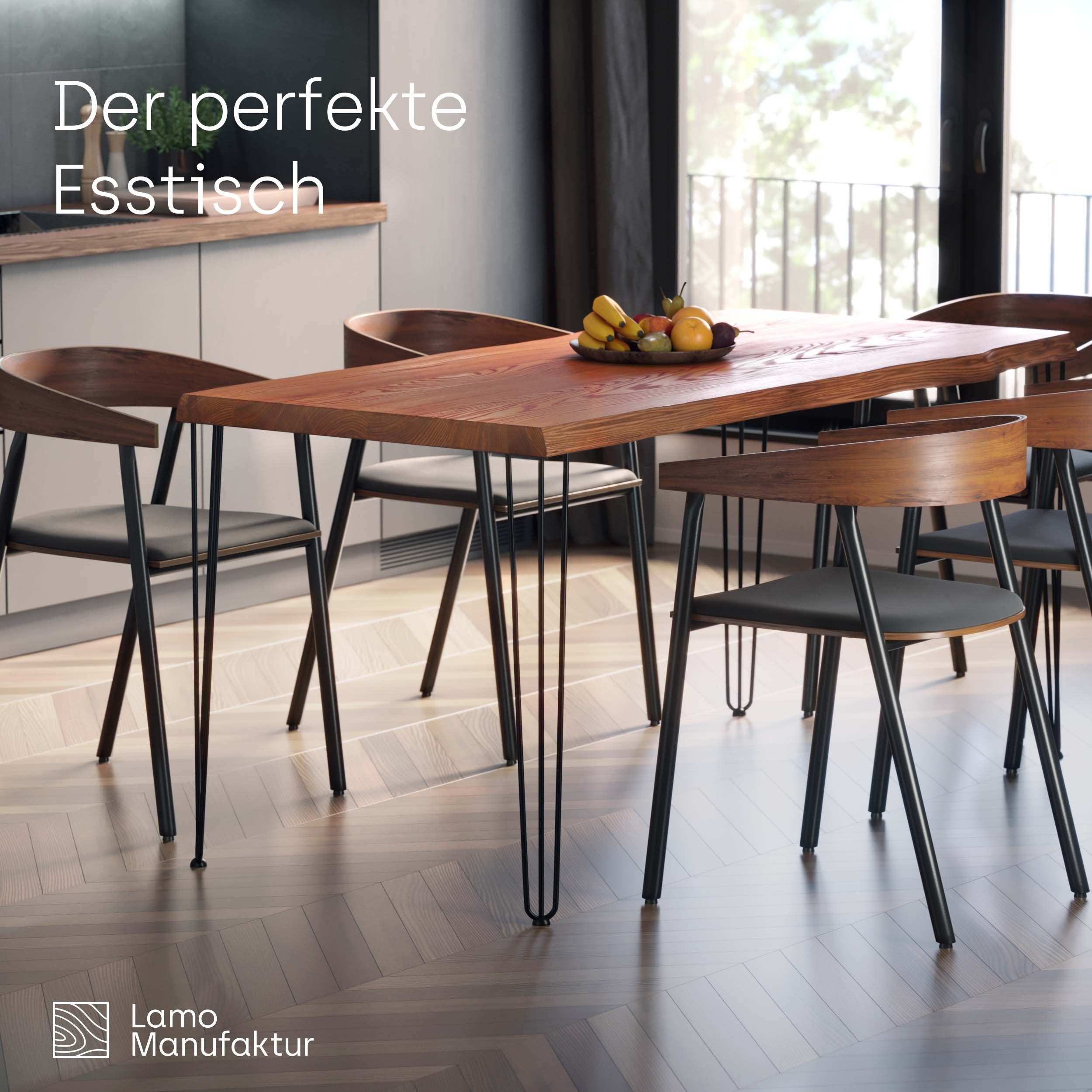 (1 massiv Baumkante LAMO Esstisch inkl. Tisch), Schwarz Natur Manufaktur | Creative Massivholz Metallgestell Baumkantentisch